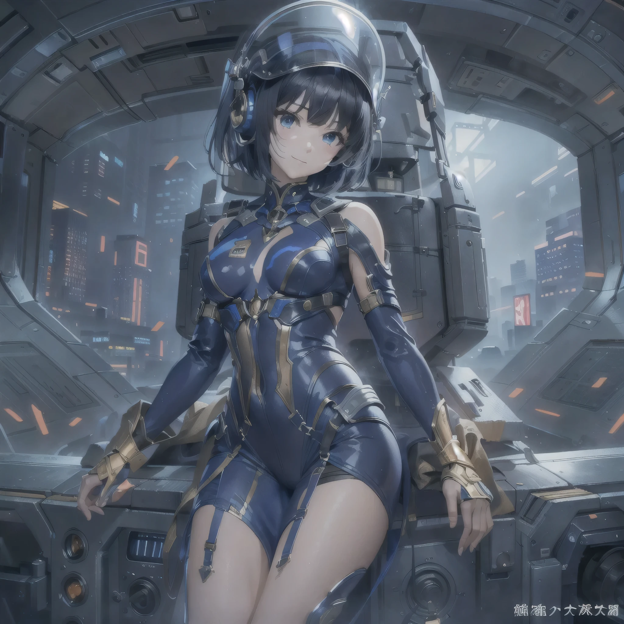 (masterpiece、highest quality、highest resolution、clear_image、detailed details、Angle from above): (full body figure、One 20 year old girl、Japanese faces、small face、Slender、Navy blue super short bob cut hair、(hidden small breasts:1.3)、sparkling blue eyes、Shiny pilot suit in blue and black colors、armor that protects the chest、tight fitting clothes、clothes that cover the whole body、shiny clothes、tight fit pants、hide the skin、very delicate and beautiful、detailed skin、hide thighs、hide your butt、cute type、gentle smile、soft expression、heroine、headset、Knee-high boots、gloves up to the elbow、eye level shot、facing directly、woman on a spaceship)