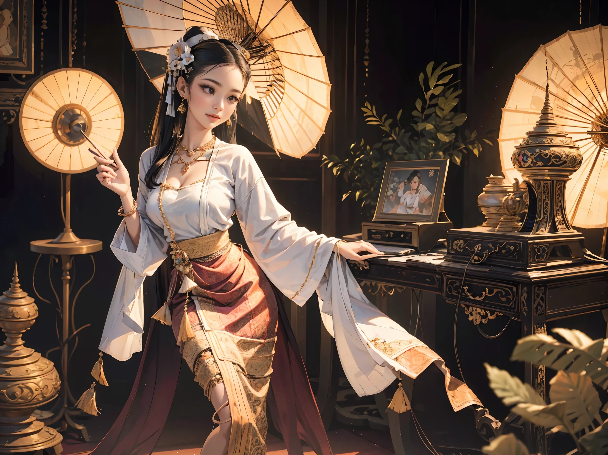 (retro pictures), (Solo),(Lanna), (Burmese girl), (realistic:1.3), Crazy details, quality, (Masterpiece:1.2), (photorealistic:1.2), (best quality), (Fine skin:1.3), (complicated details), Ray Tracing, ((full body)), ((ผู้หญิง 1 person)), (((1 person))), 30 years old, Bare-chested, Very long straight hair., smile, purple dress, patterned skirt, Contrasting colors between dresses and skirts, skirt pattern, earring, necklace, Javanese jewelry, (blurred background), eye on camera, Breast cleavage, medium sized breast