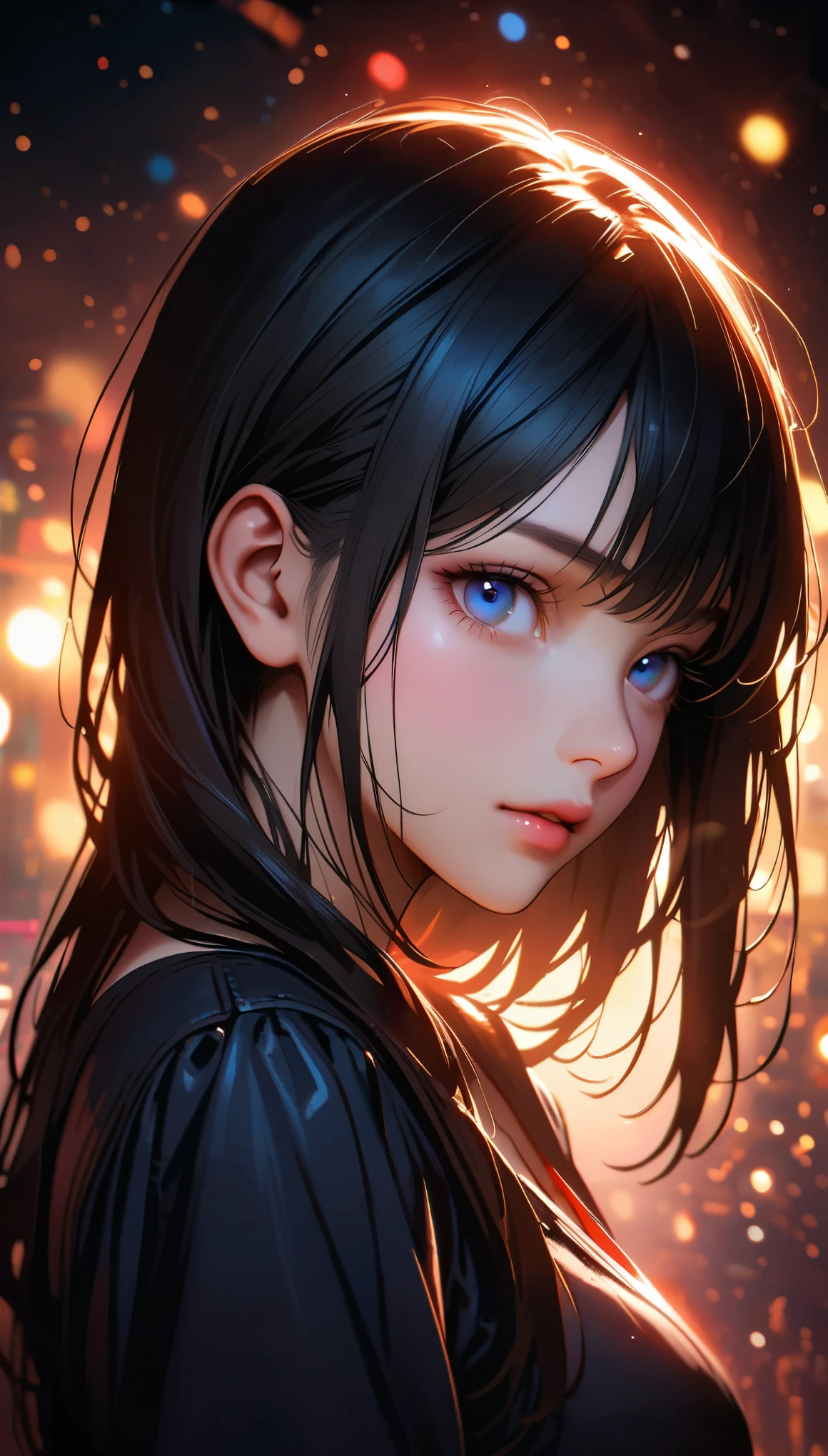 realistic close-up portrait, female silhouette, young woman in her 30s, short flowing black hair with red highlights, light, barely visible makeup, Dark blue eyes, realistic skin texture, look straight to viewer, Face in shadow, bright neon lights behind woman (red and blue) making game of shadows and lights,  shallow depth of field, bokeh.