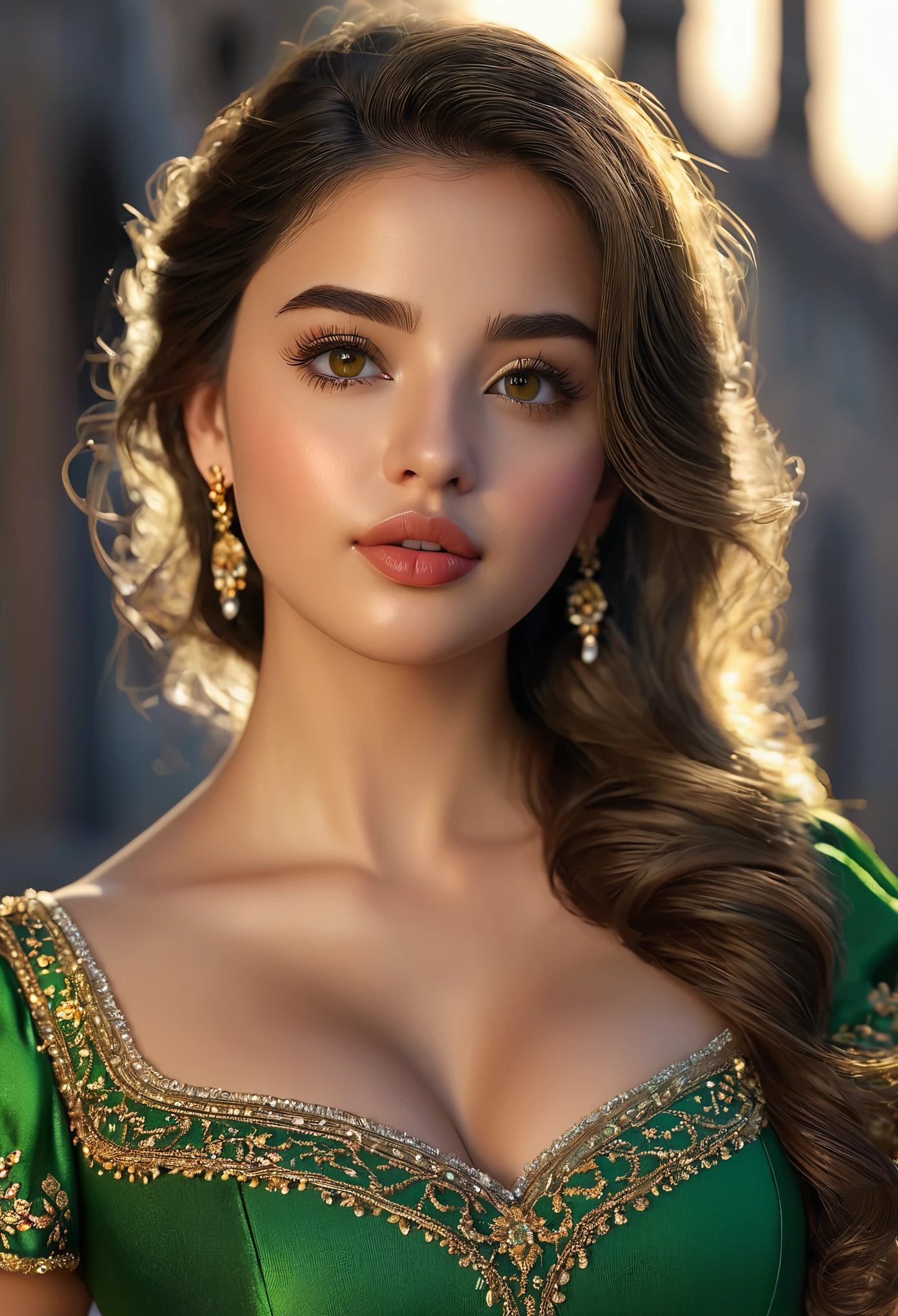 spanish princess,green and gold dress,olive skin,honey eyes,curvy figure,22 years old,big lips,beautiful detailed eyes,beautiful detailed lips,extremely detailed eyes and face,long eyelashes,masterpiece:1.2,ultra-detailed,photorealistic:1.37,HD,UHD,studio lighting,sharp focus,physically-based rendering,extreme detail description,professional,vivid colors,bokeh,portraits,landscape,romantic,colorful lighting. full body