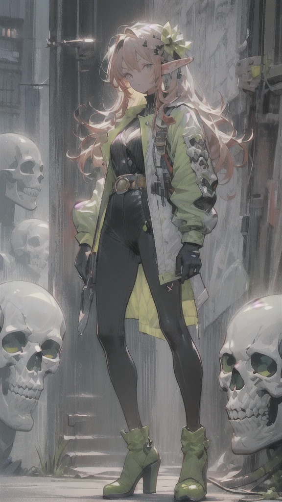 (((masterpiece, Best quality))), (elf), (1 girl), (sexy), One, bang, red dyed hair，White Cyber Skull Armor，long black tights with gloves，Handsome man standing in white shoes, art style Artgerm, from Kawasi, Yusuke Murata.