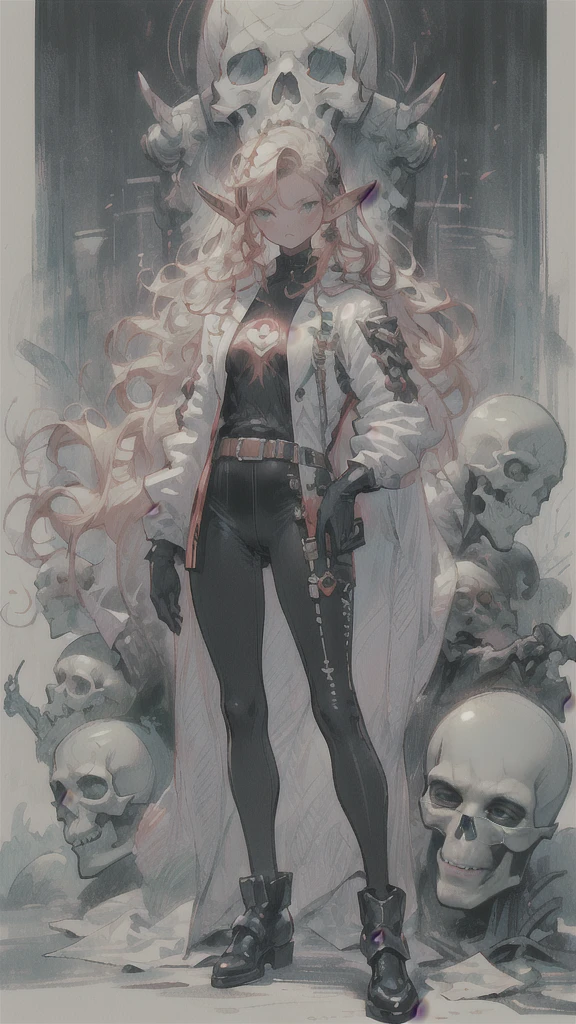 (((masterpiece, Best quality))), (elf), (1 girl), (sexy), One, bang, red dyed hair,White Cyber Skull Armor,long black tights with gloves,Handsome man standing in white shoes, art style Artgerm, from Kawasi, Yusuke Murata.