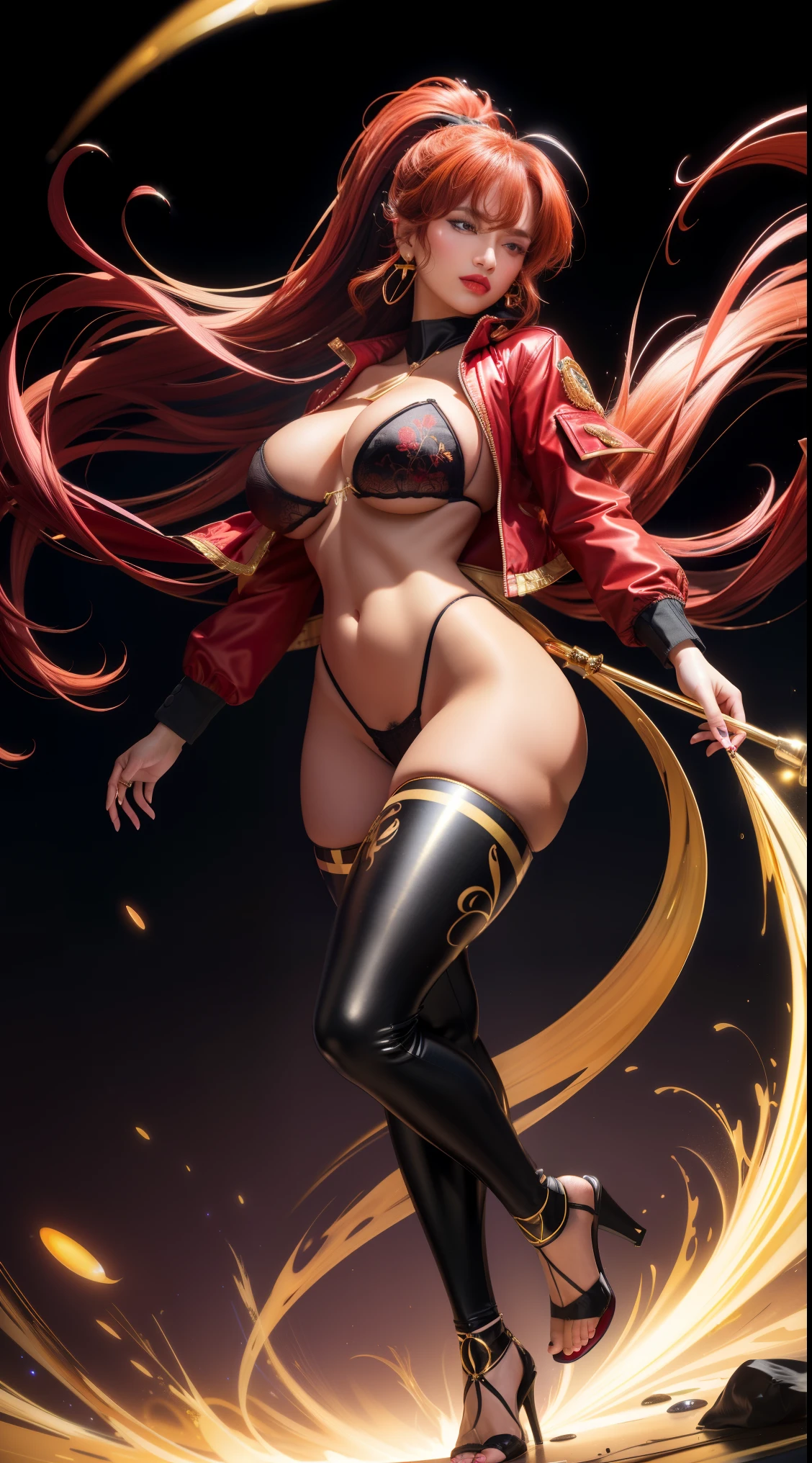 (best quality:1.5, highres, UHD, 4K, detailed lighting, shaders),best quality eyes, perfect hands, perfect finger , red floral haired, gradient hair, big breasts, red bra, big thighs, big butt, red jacket, red long pants, mature woman , (pov), black background, colorful eyeshadow, dramatic lighting, sparkling eyes, sensual expression, golden earrings, flowing hair, delicate facial features, dark skin, high cheekbones, urban setting, full body, black background, dont look for the camera, lean forward, behind the camera