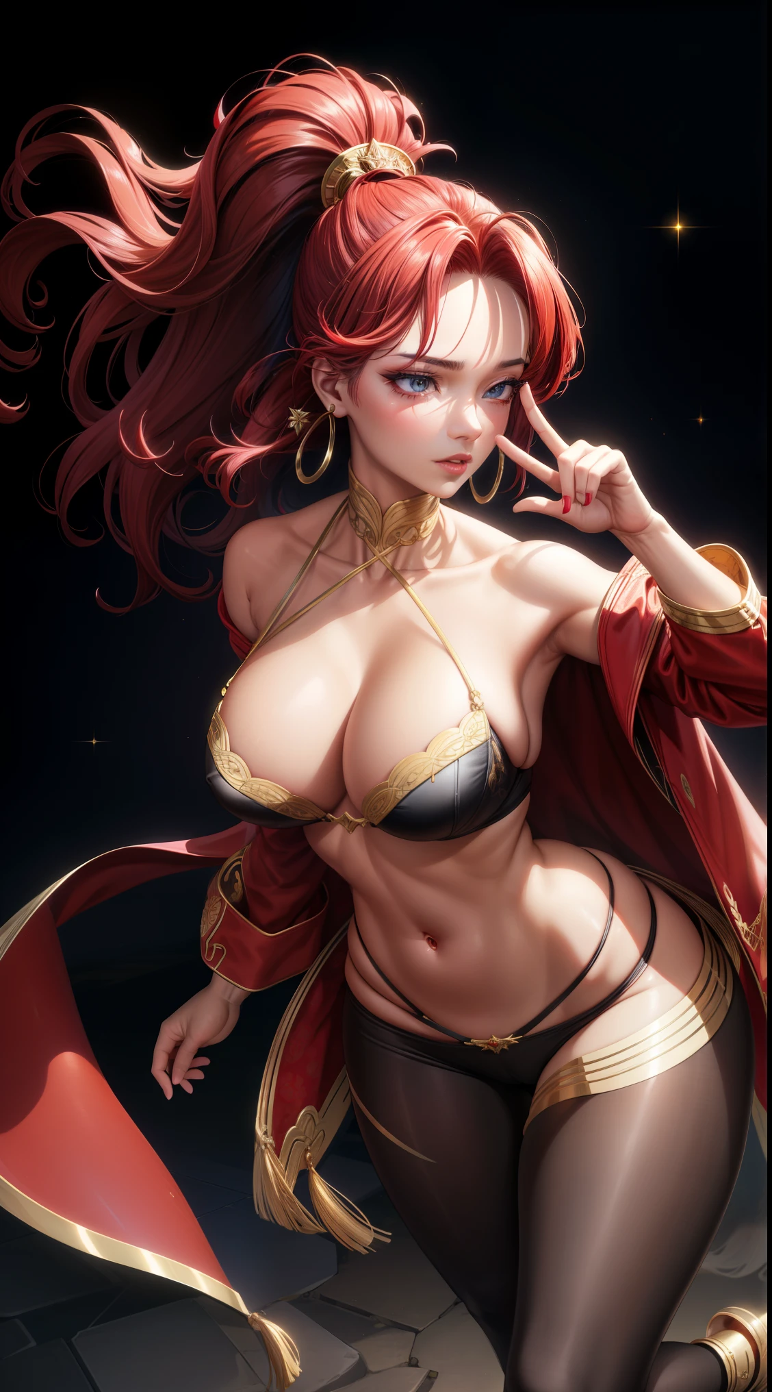 (best quality:1.5, highres, UHD, 4K, detailed lighting, shaders),best quality eyes, perfect hands, perfect finger , red floral haired, gradient hair, big breasts, red bra, big thighs, big butt, red jacket, red long pants, mature woman , (pov), black background, colorful eyeshadow, dramatic lighting, sparkling eyes, sensual expression, golden earrings, flowing hair, delicate facial features, dark skin, high cheekbones, urban setting, full body, black background, dont look for the camera, lean forward, behind the camera