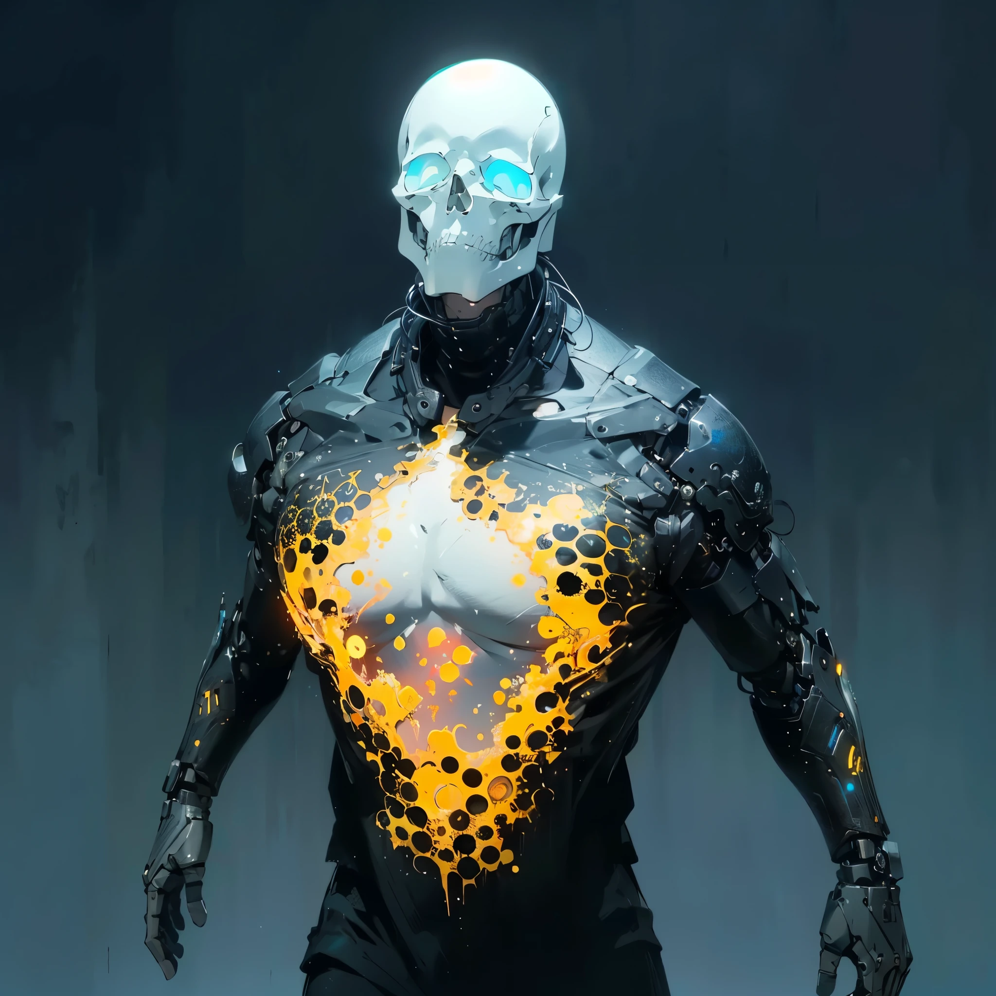 Robot Skull, armored, stealth, Character design, Highly detailed, Intricate details,Mechanical wonder, Cyberpunk, Cybernetic Guardian,male form,skull head,
(dynamic pose:1.0),solo focus,(centered,scale to fit dimensions,Rule of thirds),
cyberpunk city by the ocean at night, with bright neon signs and dark stormy clouds and puddles, scenery:1.25,nighttime, starry night, cosmos,Very dark night that makes the neon lights stand out, very bright neon lights,nighttime, starry night, cosmos,
highres, sharp focus, (ultra detailed, extremely detailed), (photorealistic artwork:1.37),(extremely detailed CG unity 8k wallpaper),((synthwave background theme)),(((vibrant colors))),(intricate background),(masterpiece),(best quality),