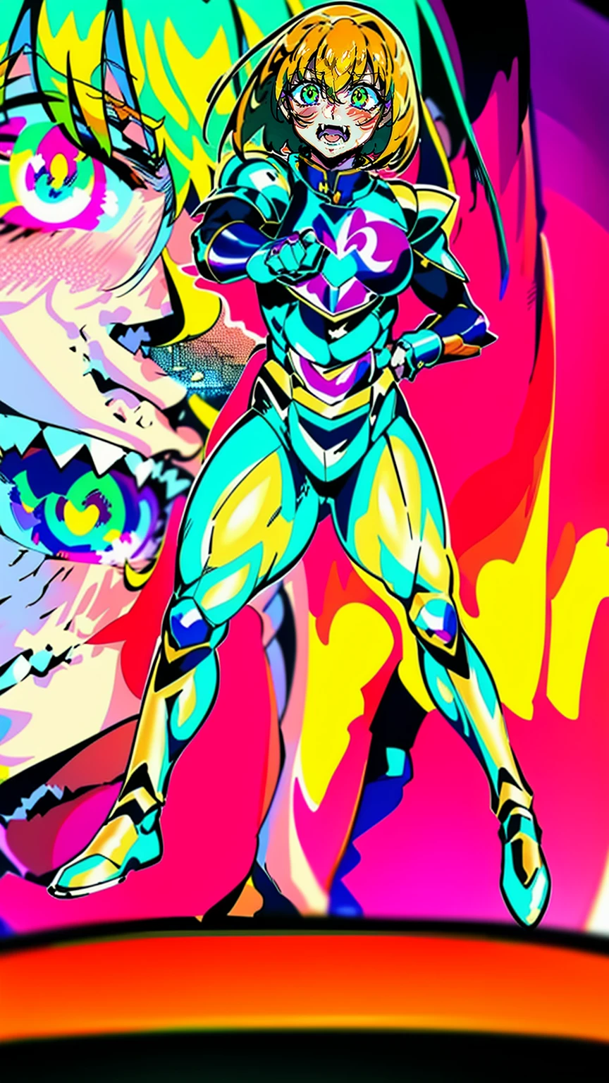excel, orange hair, smile, fang, open mouth, green eyes,standing, medium breast, pants, pullover, , full body,knight pullover,, fantasy cyberpunk city magic, martial arts, martial pose, entire body, full body, posing, refsheet, full body,, pullover, fangs