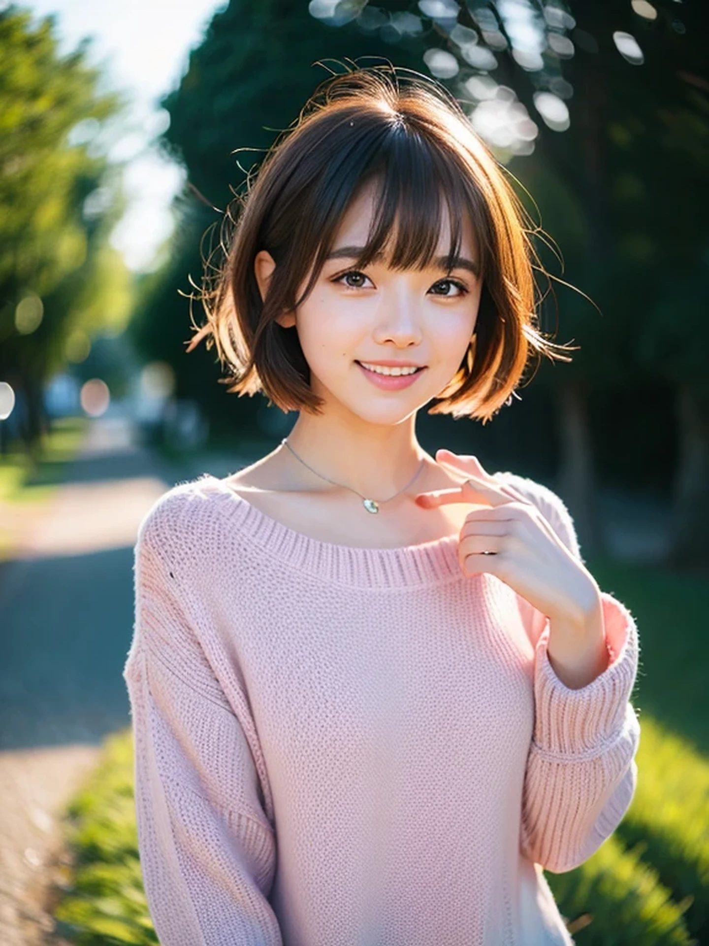 masterpiece, Best Quality, Raw photo, 8K, ultra-detailed face, 1girl, Beautiful detailed skin, backlight, soft light, bashful, (shoot from front:1.2), smile, Luminescent, Anatomically correct, short hair swaying in the wind, bangs, Eyes and faces with detailed, Textured skin, Professional Photography, Bokeh, Portrait, Professional Lighting, Solo, Cute, Girly, Film grain, sweater, night sky