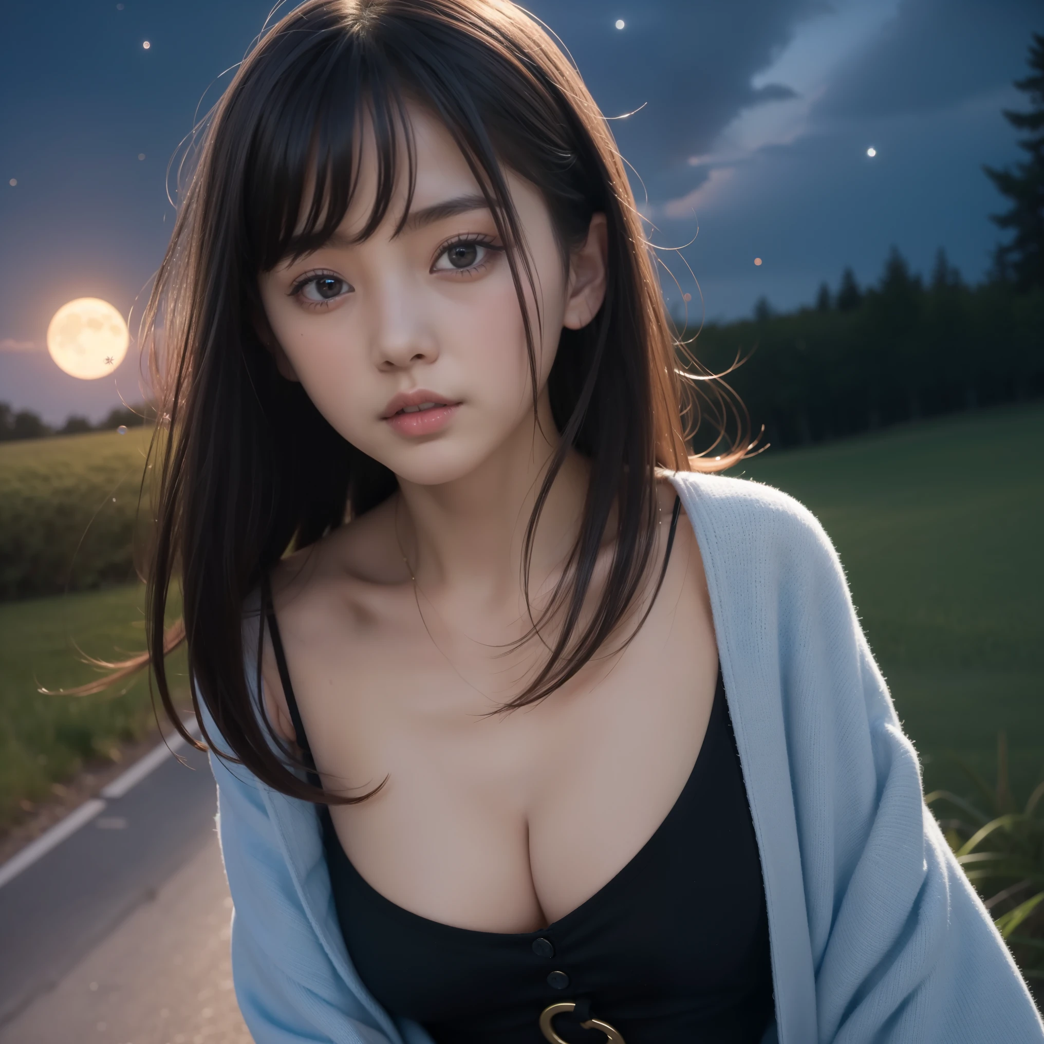 RAW image quality、8K分辨率、Ultra-high-definition CG images、Autumn leaves at night🍁、Moonlight、15-year-old beauty、Detailed beautiful eyes、Beautiful long hair、Clear skin, slender physique、Street、(Black sweater), (white_legwear very)、(Bare shoulders)、(Colossal tits)、a miniskirt、Susukihata、depth of fields、masutepiece、absurderes、24K Graphic Arts、Carefully drawn background、Composition with depth、sano、jumpy、8mm fisheye lens from below、