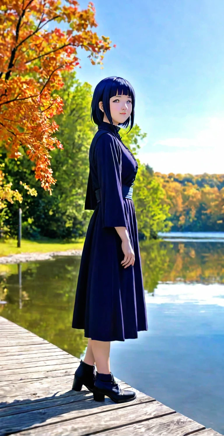 close-up from side, (33 years old adult-Hinata) walk next to lake, [enchanting, surreal, studio lighting, HDR, UHD, K]