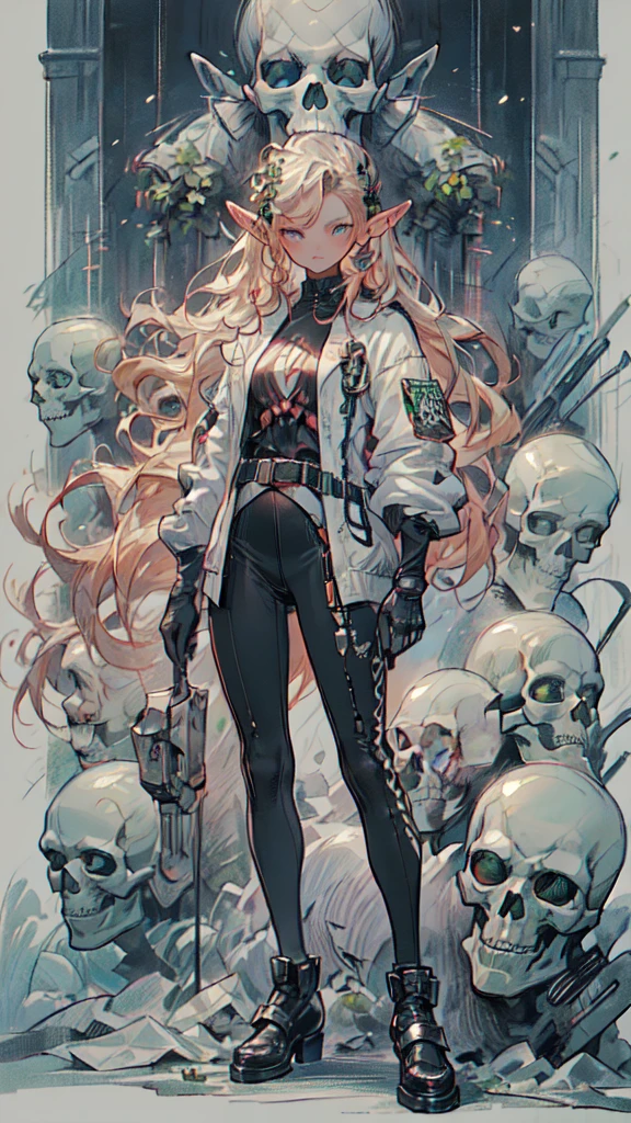 (((masterpiece, Best quality))), (elf), (1 girl), (sexy), One, bang, red dyed hair，White Cyber Skull Armor，long black tights with gloves，Handsome man standing in white shoes, art style Artgerm, from Kawasi, Yusuke Murata.