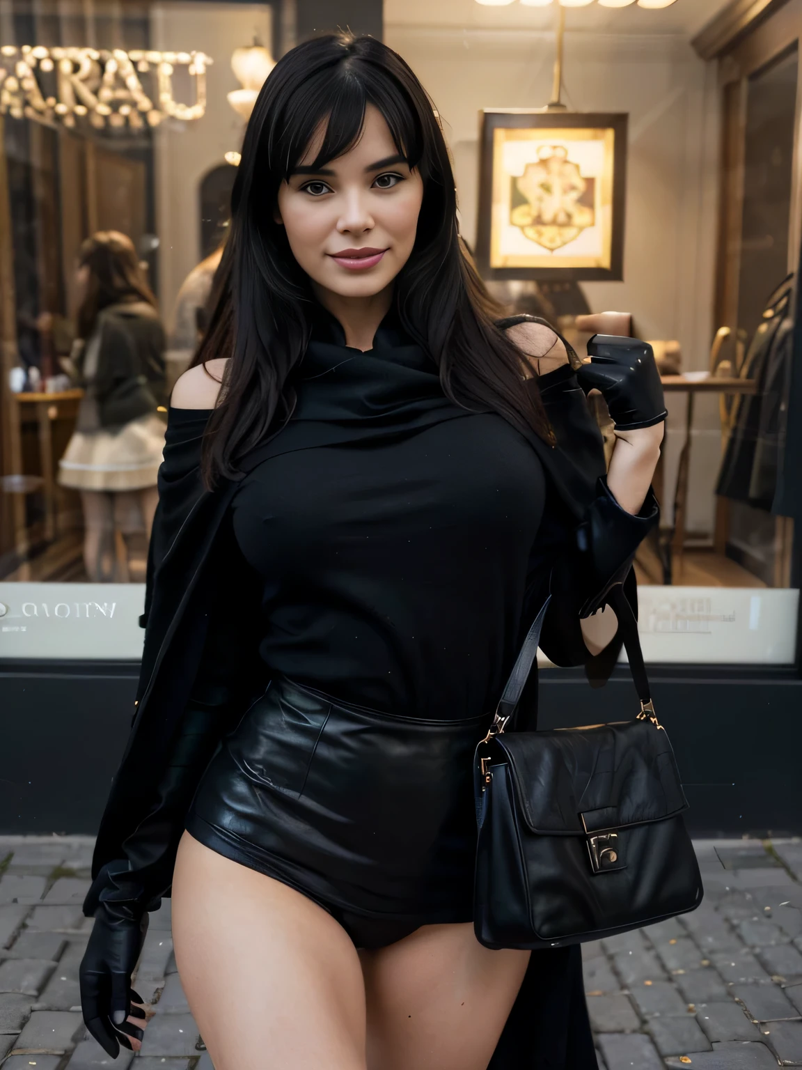 solo lovely smiling Bettie Page, strong daylight, sun shining, wintertime, very cold, raining,in front of boutique, (highest quality texture), boutique store front, display windows full of interesting items, film quality, completly dressed in high style leather fashion, ancient medieval very long black cloak of cloth, body covered by the cloak, large wool sweater, long wool skirt, black gloves, tigh high boots, 3 shoulder bag,she's in front of beautiful boutique ,soft accent candlelight in windows, gorgeous rembranndt like lighting, (Rembrandt patch), (highest quality window details), hip cool boutique in background, silky long dark hair, hair bangs to her eyes, she's gonna make love soon, every detail,Fine facial features, Masterpiece – Masterpiece ○○ quality – ○○ quality best quality(Highest Quality) ,Leica film, best, solo female, High quality (hiquality) etc ○○ detailed – ○○ details ultra detailed(Ultra-fine ), Photorealistic, Extremely detailed(Extremely detailed) , Finely detailed(Fine-grained), (highest detail skin texture peachfuzz earlobe realistic) etc ○○ res – ○○ resolution ultra high res(A high resolution) , very high texture res(light resolution), Realistic – Realistic Photorealistic – photorealistic beautiful – beautiful 4k , 8K, artsy shop front, close and intimate,
