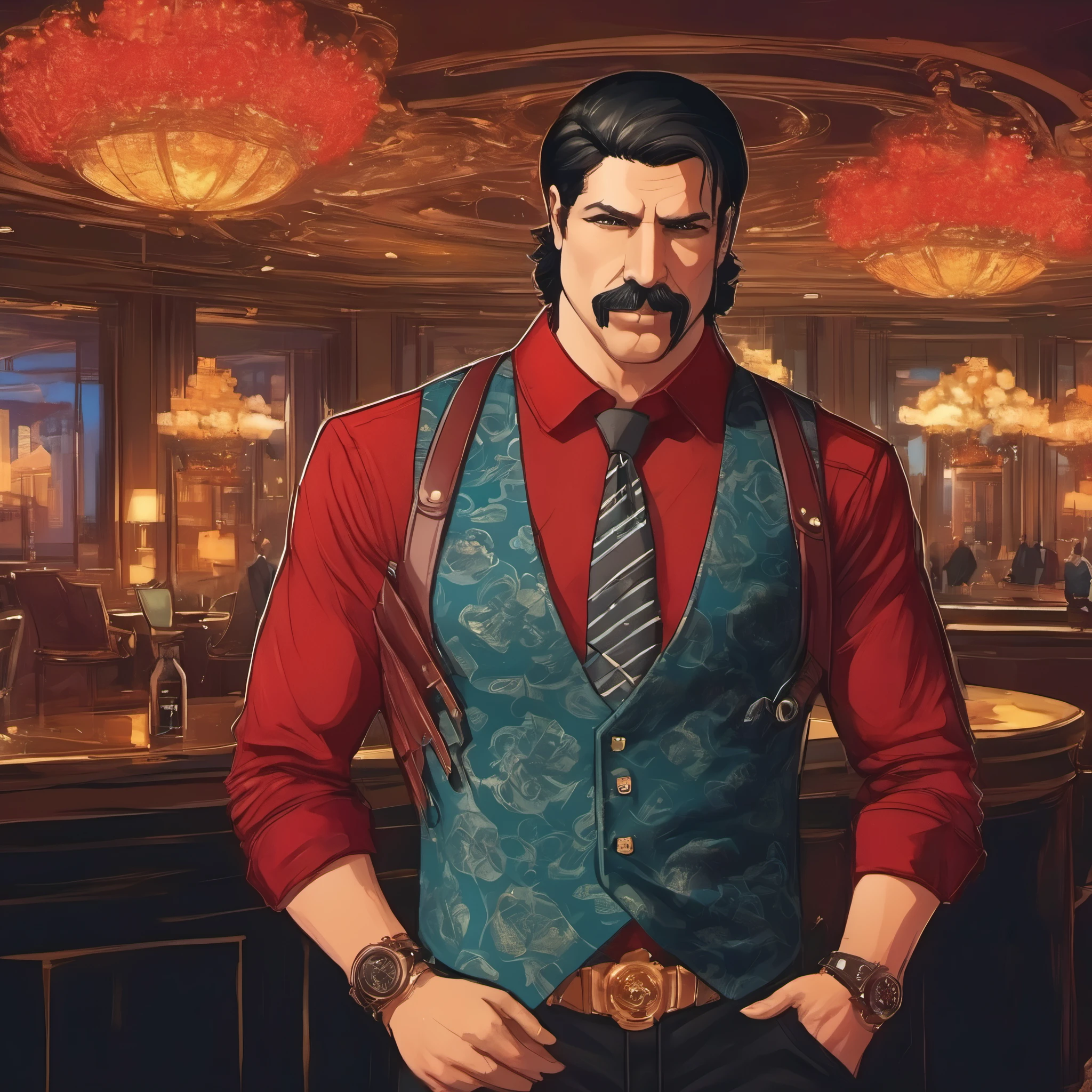 (obra maestra, Mejor calidad:1.2), 1 chico, thenahualli, serious, dangerous man, elegant, elegante, black vest, red shirt, standing, bodyguard of a long brown haired girl, bodyguard of a brunette girl with long hair, 1 girl, en hotel de lujo en Las Vegas, hotel de lujo, in a luxury hotel room in Las Vegas, at night, de noche