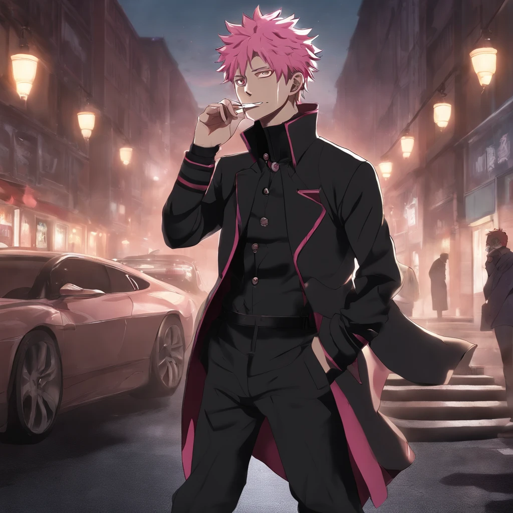 Sukuna from Anime Jujutsu Kaisen, masterpiece, ultra detailed, best quality, ]anime guy with pink hair and a black jacket holding a cigarette, joker looks like naruto, , akiyuki shinbou, jujutsu kaisen, , akatsuki akira, ichigo kurosaki, ohararyu, katsushika, 8k!, by Shingei, 8k!!