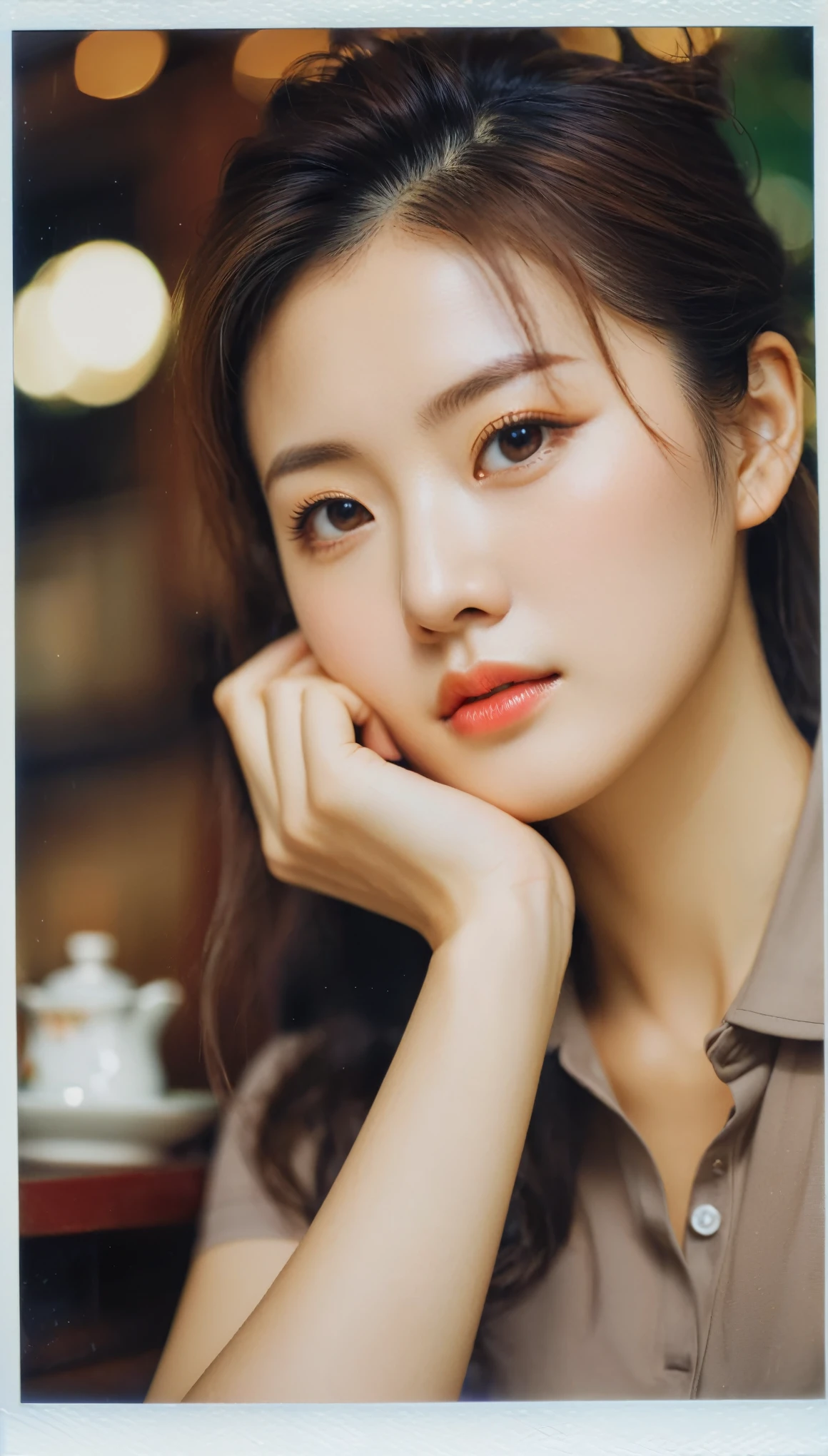 close-up, side shot of beautiful korean female, 34 inch breasts size, bun hair, wearing fitting polo shirt, bored expression face, rest one's chin on one hand, in tea house, bokeh background, Polaroid photo, UHD 