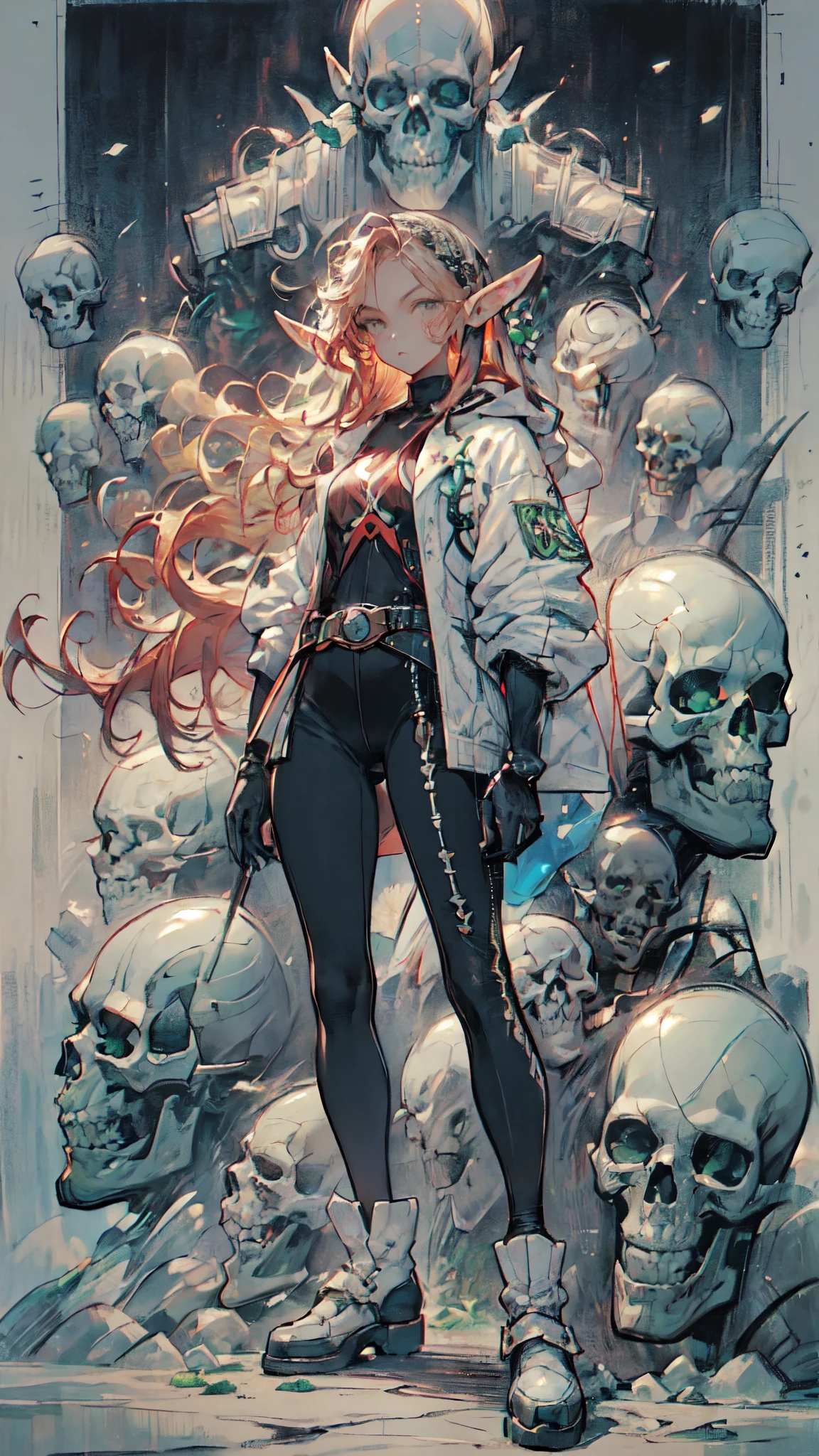 (((masterpiece, Best quality))), (elf), (1 girl), (sexy), One, bang, red dyed hair，White Cyber Skull Armor，long black tights with gloves，Handsome man standing in white shoes, art style Artgerm, from Kawasi, Yusuke Murata.