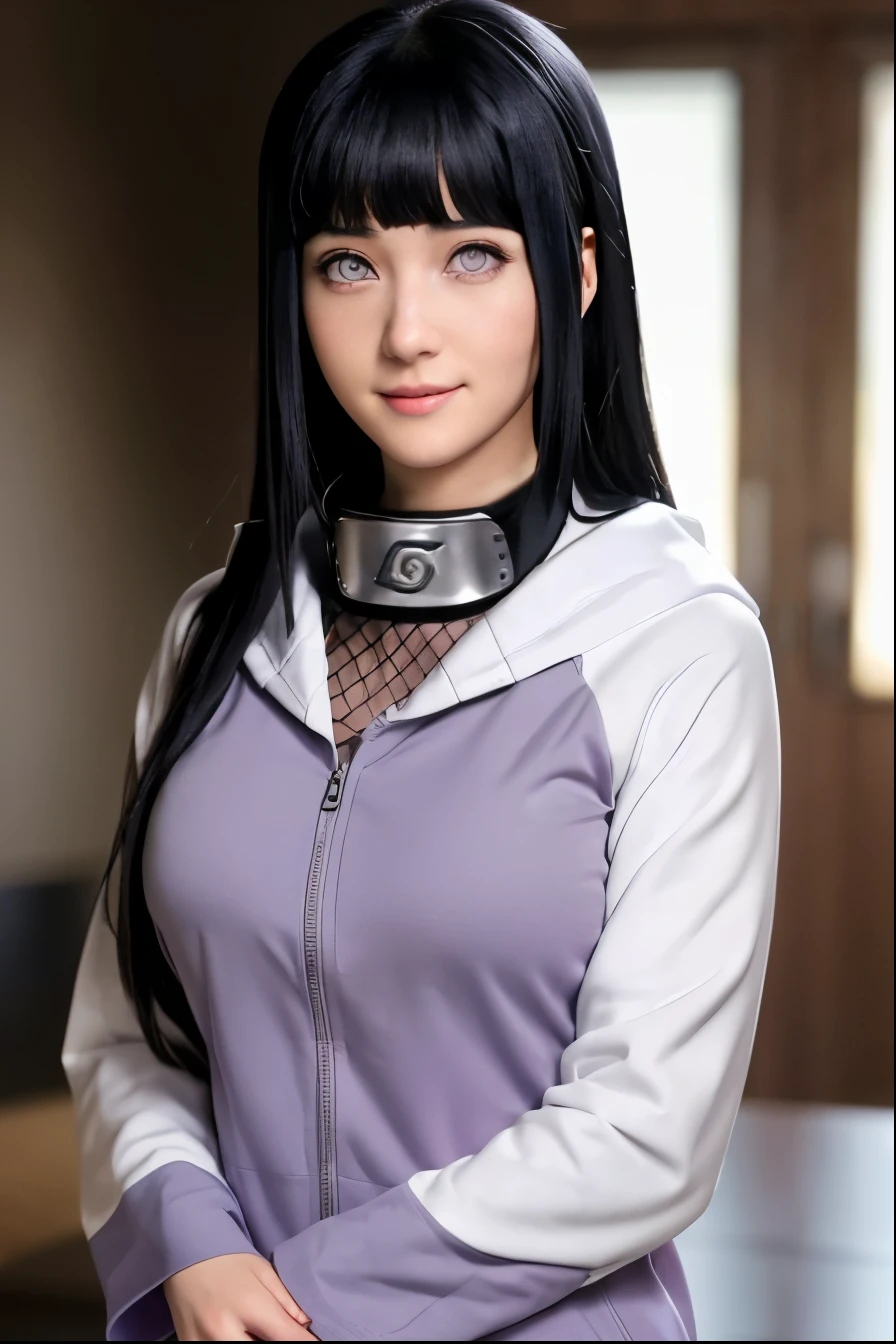  Create an image of Hinata Hyuga from "Naruto" , Picture a character with sleek black hair and bangs, giving a casual salute. They're wearing a modern, zip-up hoodie in shades of grey and lilac, with a distinctive logo on the upper arm. Underneath, there's a fishnet layer over a crisp white collared shirt,wearing a headband around the neck with the typical Konohagakure symbol, suggesting a blend of casual wear with a touch of unique styling. The pose exudes confidence and a playful attitude, as they stand in a cozy interior, hinting at a story behind their casual uniform, The overall impression is of a friendly, approachable individual, whose smile is subtle yet inviting, standing confidently with a sense of quiet self-assurance, byakugan eyes,(ultra detailed), (8k, intricate), (85mm), light particles, lighting, full body, (highly detailed:1.2), breast focus, (gradients), sfw, colorful, (detailed background), (rule of third_composition:1.3), (Line of action:1.2), daylight, solo