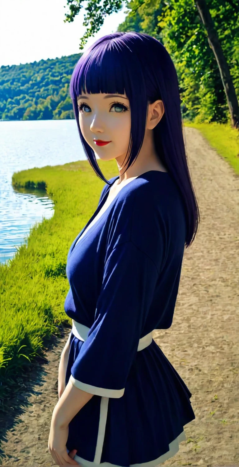 close-up from side, (33 years old adult-Hinata) walk next to lake, [enchanting, surreal, studio lighting, HDR, UHD, K]