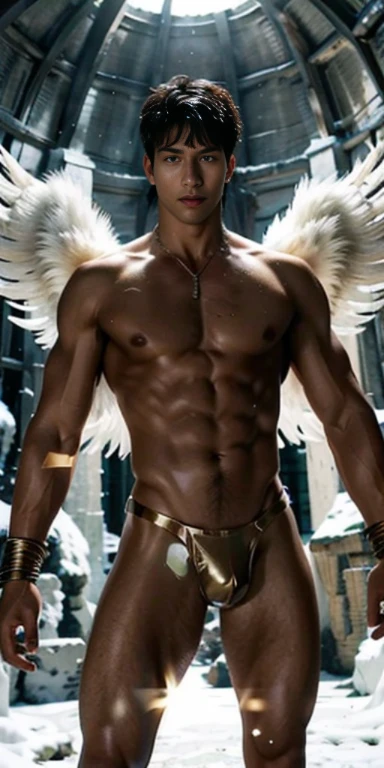 Ultra high resolution, best quality, photograph, 4k, (photographrealistic: 1.4), movie light, The male angel has large translucent wings., A shirtless, muscular man., Abdominal muscles wearing medieval gold armor, Fine fur, feThe male angel has large translucent wings., muscular woman, Abdominal muscles wearing medieval gold armor, Fine fur, cyberpunk environment, Environment with snow and ice in the background, ice cathedral, Portal of the future, Three-dimensional lighting, HD, magic, god of light, Backlight, detailed face, contrast, smooth skin, soft hands, correct anatomy, five fingers.crotch tung,Big target,big egg,The crotch is long and large and tight..