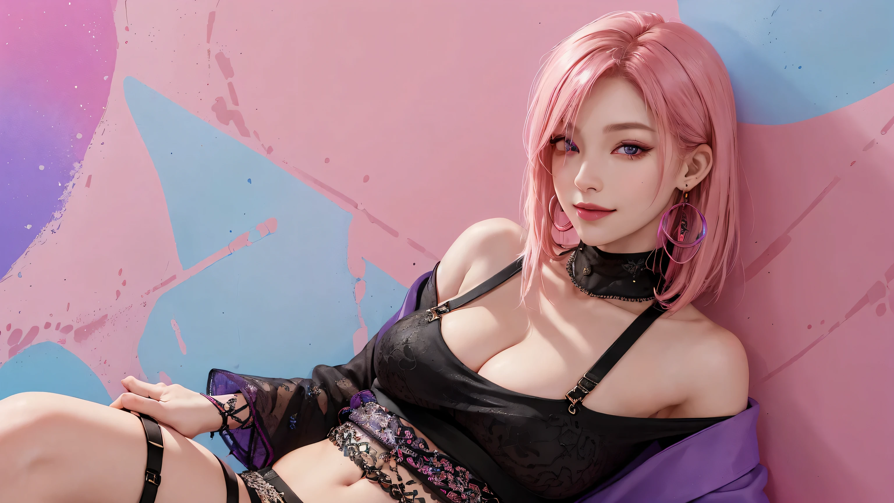 (masterpiece, best quality, 1girl, solo, intricate details, chromatic aberration), realistic, ((medium breath)),long hair, pink hair, red head ornament, pink highlights, hair over one eye,purple eyes, earrings, sharp eyes, choker, neon shirt, She wears a collar, bangles, and a kimono-style garter belt., crop top, (symmetry eyes),(perfect symmetrical body),against wall, brick wall, (colorful graffiti words on wall:1.2), dim lighting, alley ,look at viewer、dig breasts、smile、(No sleeve、Navel exposed、fitted turtleneck)、hot pants string street、thin butt、Please generate above the eaves.、thin shoulders、In underwear、