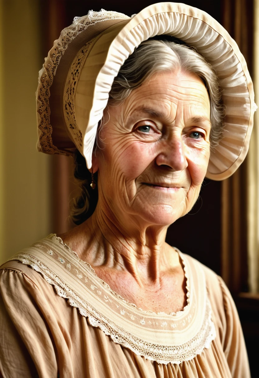 (highly detailed, soft light, photorealistic, dynamic light; cinematic; close up); victorian era; 1820s; 66 years old woman; English; 1820s housekeeper; homely sweet face; robust; ruddy skin; blue eyes, squinting slightly; wearing 1820s modest housekeeper beige-white dress and matching bonnet; wearing 1820s brown woolen shawl around her shoulders; looking at camera