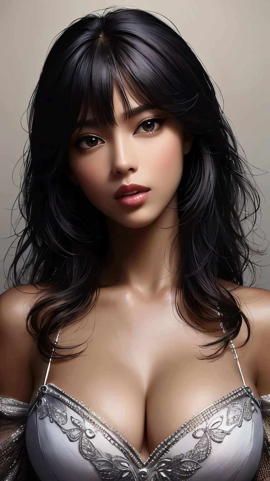 masterpiece, best quality, beautiful black and Asian mixed , ebony skin female, ((Dark background)), straight Bangs, Big breasts, Exposed cleavage, Sexy face, Facial expressions when receiving pleasure, open mouse,  intricately detailed hyperdetailed, realistic, sharp features, highly detailed, sharp focus, perfect face, perfect face, perfect symmetrically perfect eyes, perfect full lips,