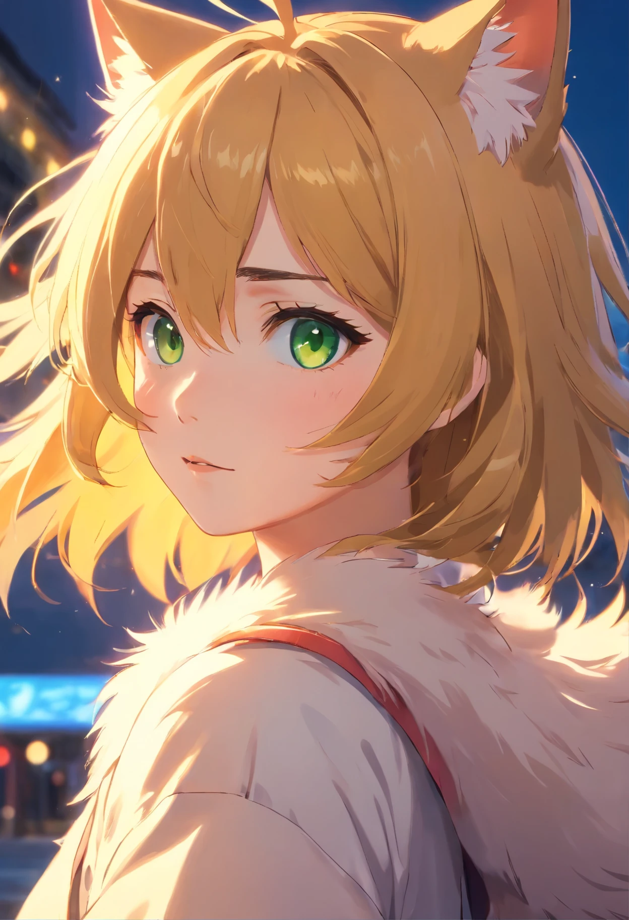 best quality,highres,masterpiece:1.2,ultra-detailed,realistic:1.37, HDR, studio lighting, vivid colors,physically-based rendering, extreme detail description,portrait, furry humanoid cat girl, golden yellow hair, green eyes, detailed facial features, long eyelashes, yellow thunder surrounding her body, dynamic pose, realistic fur texture, vibrant background, intense lighting, captivating expression