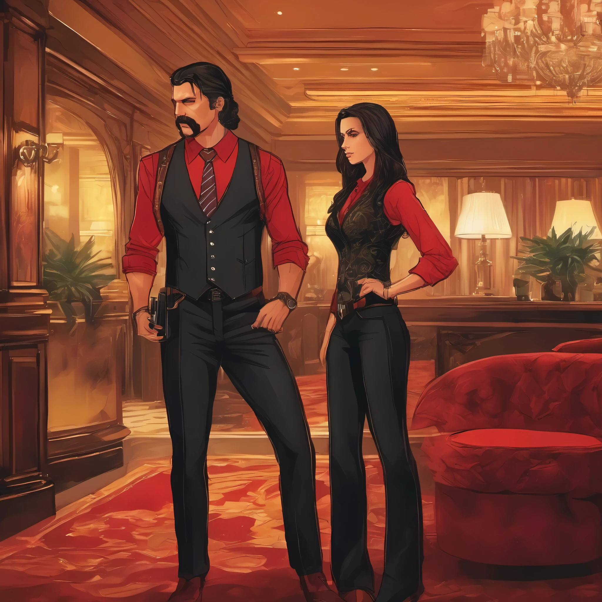 (obra maestra, Mejor calidad:1.2), 1 chico, thenahualli, serious, dangerous man, elegant, elegante, black vest, red shirt, standing, bodyguard of a long brown haired girl, bodyguard of a brunette girl with long hair, 1 girl, en hotel de lujo en Las Vegas, hotel de lujo, in a luxury hotel room in Las Vegas, at night, de noche
