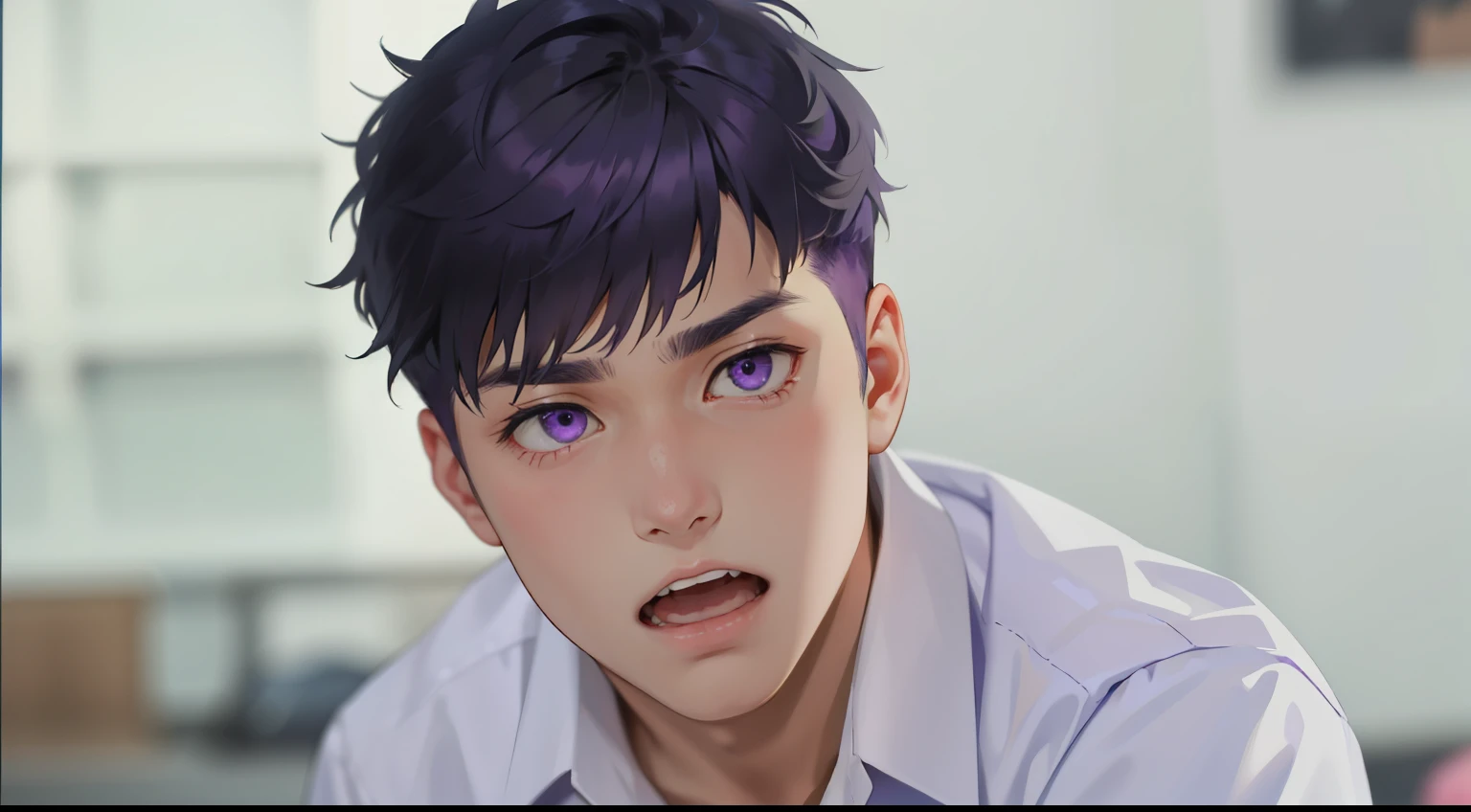 cute young handsome 16 year old purple hair purple eyes fear worry is scared cute purple hair boy is very worried scared surprised