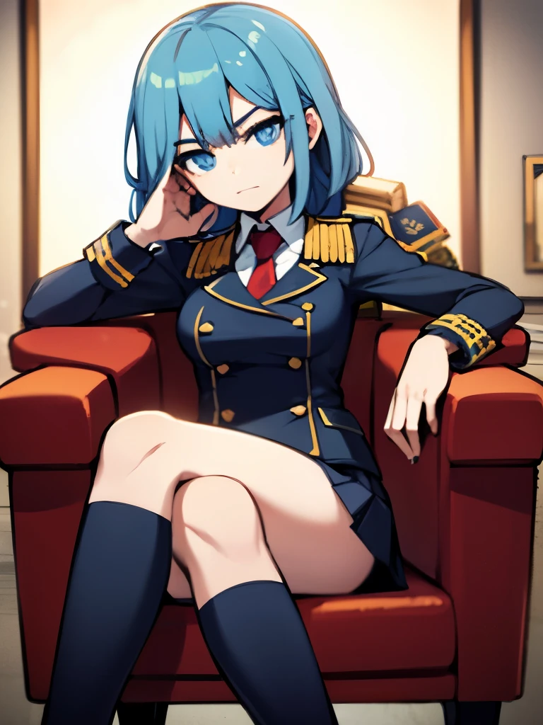 perfect face, female, blue eyes, long blue hair, uniform, looking at camera, sitting on chair, full body,