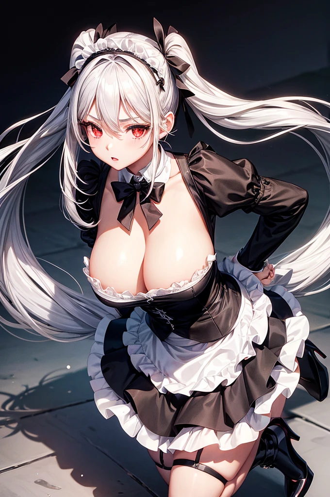 1girl, maid outfit, silver hair, very long hair, twintail, red eyes, cleavage, huge breasts, french maid, hair touches ground, lifting skirt, black high heels