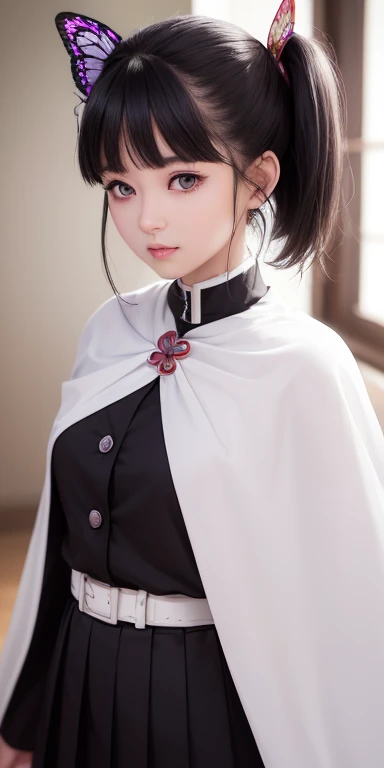 (masterpiece, best quality, beautiful quality, photorealistic, detailed lighting, extremely detailed skin, extremely detailed hair, shadows, 8k, a picture of a woman, upper body, 1girl, fcPortrait:1.2), Bob cut, Intricate details, Kujou Sara (Genshin Impact), She has indigo hair cut in an uneven square, pale skin and golden eyes. On the side of her head there is a red tengu mask resembling a crow's face with white inserts, a black crest and a hexagonal detail resembling a tokin. Japanese traditional clothes.