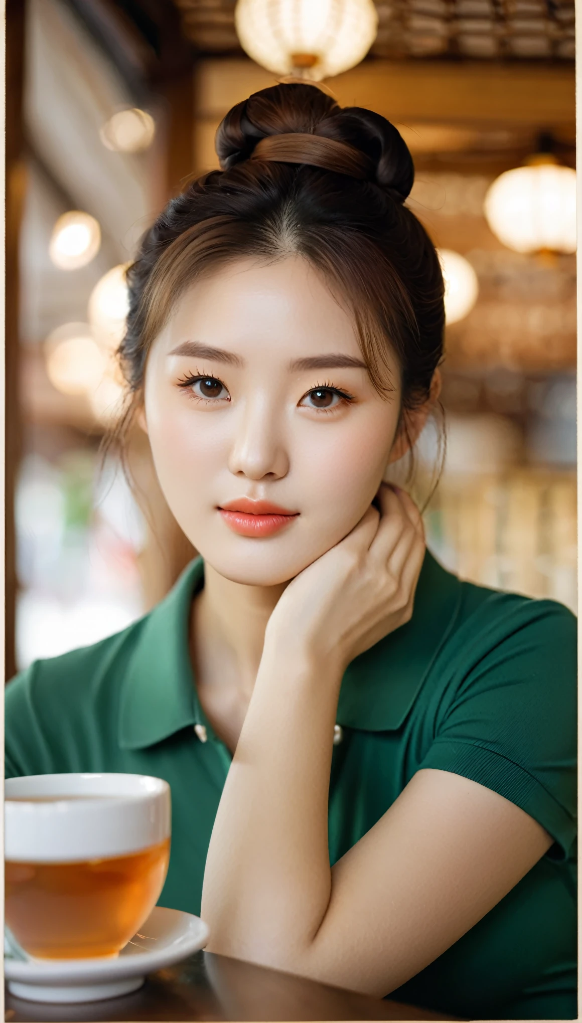 close-up, side shot of beautiful korean female, 34 inch breasts size, bun hair, wearing fitting polo shirt, puffy cheeks, rest one's chin on one hand, in tea house, bokeh background, Polaroid photo, UHD