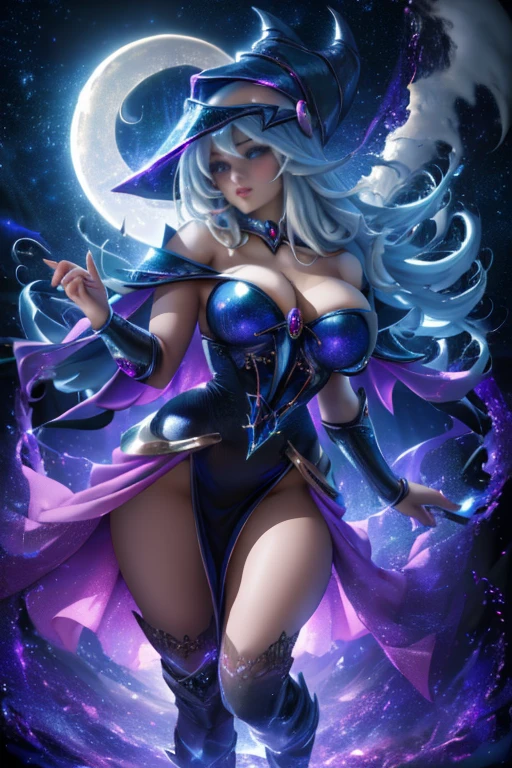 (best quality,4k,8k,highres,masterpiece:1.2),ultra-detailed,(realistic,photorealistic,photo-realistic:1.37),dark magician,beautiful detailed eyes,beautiful detailed lips,extremely detailed eyes and face,longeyelashes,big breasts,sexy pose,enchanted staff,dark mysterious atmosphere,dramatic lighting,dark robe,flowing hair,glowing magical symbols,tattoos,smoke effects,nail polish,magic sparks,magical aura,spellbook,nighttime backdrop,crescent moon,stars in the sky,low-key color palette,gothic elements,curved shapes,expressive body language,alluring and confident expression,witch hat,enchanted jewelry,strong magical presence
