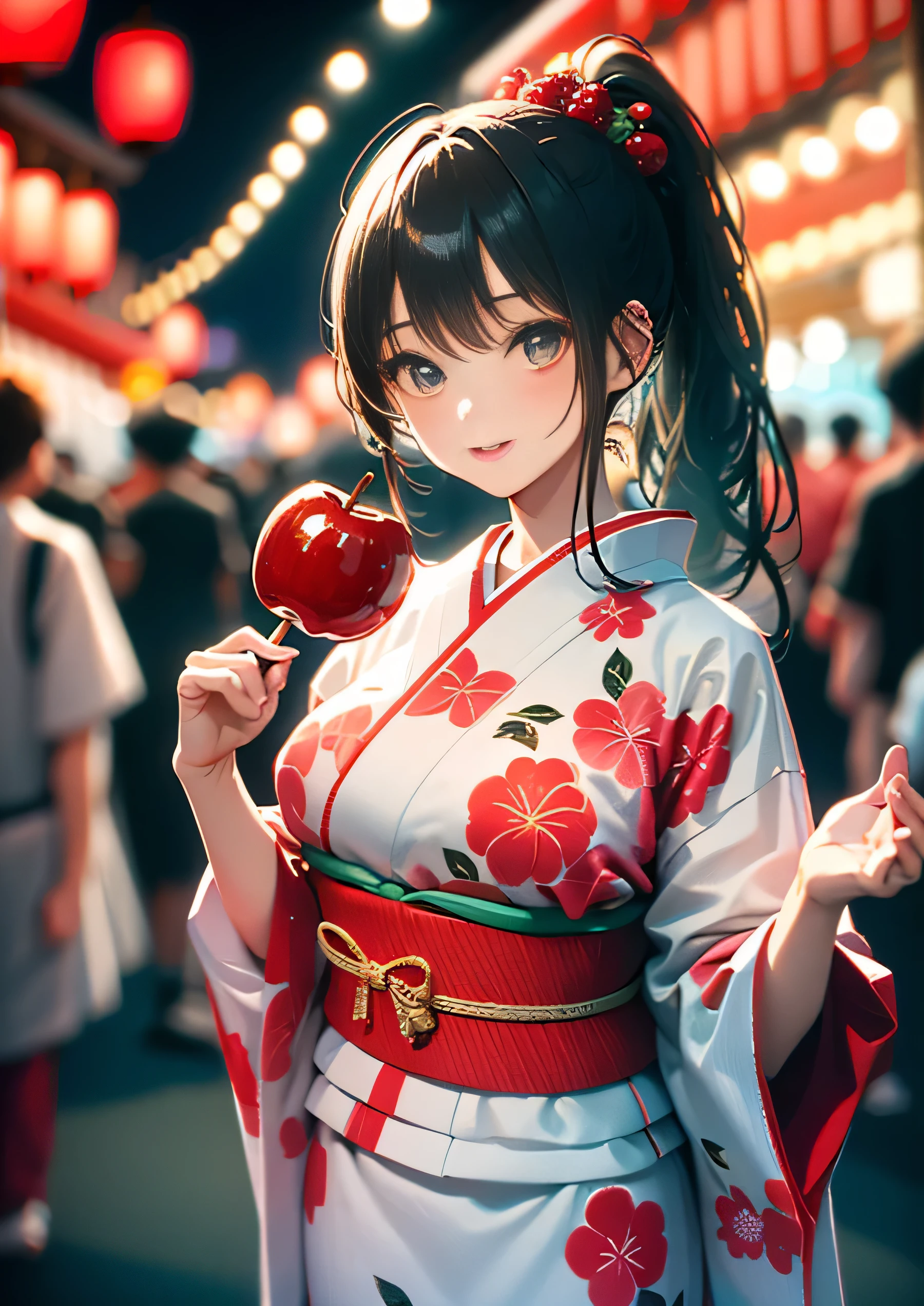 (((masterpiece,highest quality,high resolution,Ultra fine,insanely detailed,8K,High resolution))),1 girl,beautiful girl,cute、charming smile、big breasts、apple candy、holding apple candy stuck on a stick、Candy Apple、holding_candy apples,summer festival night,20th generation,long hair,ponytail,gorgeous eyes,Slender,Healthy Curves,university student,yukata,traditional pattern,festival venue,night lighting,with fireworks behind,cowboy shot,