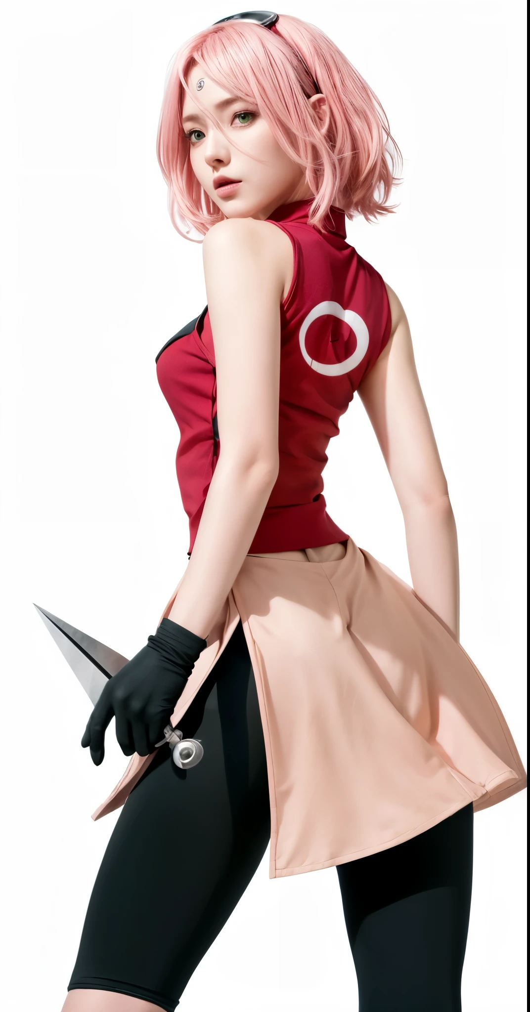haruno sakura, naruto \(series\), naruto shippuuden, anime art style, masterpiece, red shirt, shirt, short hair, sleeveless, sleeveless shirt, forehead protector, hairband, konohagakure symbol on hairband, 1girl, solo, bangs, breasts, cosplay, real person, real life, closed mouth, elbow sleeve, eyes visible through hair, playing kunai, blue sky, floating hair, foreshortening, green eyes, detile eyes, hair intakes, parted bangs, pink hair, small breasts, v-shaped eyebrows, detailed background, outdoor, cherry blossoms, sky, (ultra detailed), (8k, intricate), (85mm), light particles, lighting, full body, (highly detailed:1.2), , (gradients), sfw, colorful, (detailed background), (rule of third_composition:1.3), (Line of action:1.2), daylight, solo
