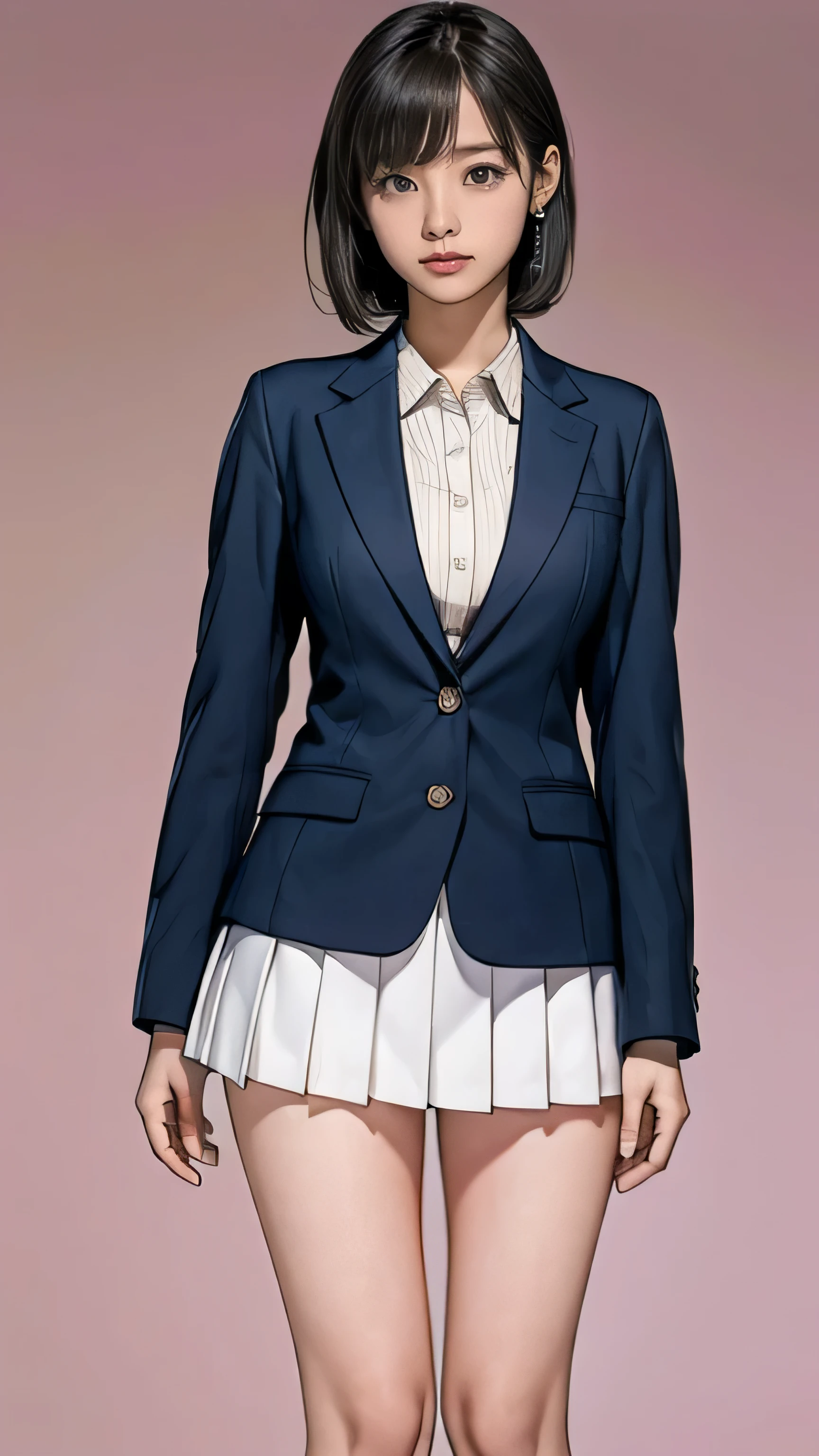 confused, RAW photo, very delicate and beautiful, masterpiece, highest quality, ultra high resolution, 32K, surreal, Super detailed, perfect anatomy, perfect figure, super dense skin, High definition CG 8k wallpaper, 20&#39;s, very slim body, tight waist, very small head, very small face, delicate facial features, tearful mole, earrings, thin legs, (very huge round breasts:1.2), full body shot, 1 girl,  (school uniform:1.2), (blazer:1.2), wet clothes,, (((big ))), ((15 year old Japanese girl, short bob))
