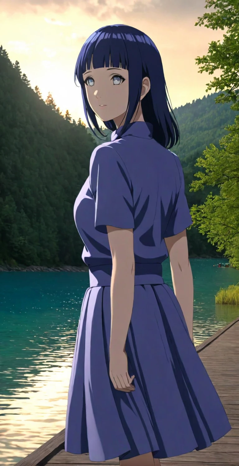 close-up from side, (30 years old adult-Hinata) walk next to lake, [enchanting, surreal, studio lighting, HDR, UHD, K]