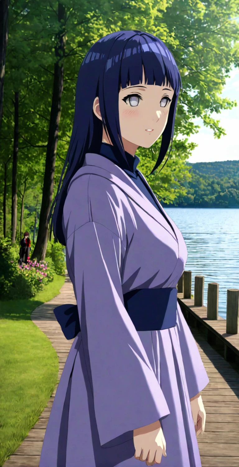 close-up from side, (30 years old adult-Hinata) walk next to lake, [enchanting, surreal, studio lighting, HDR, UHD, K]