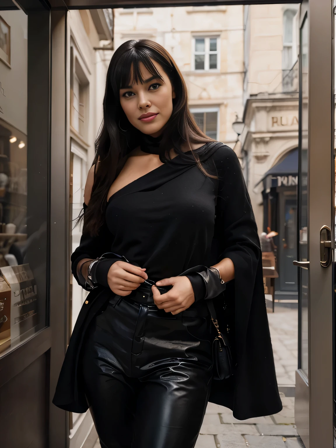 solo lovely smiling Bettie Page, strong daylight, sun shining, wintertime, very cold, raining,in front of boutique, (highest quality texture), boutique store front, display windows full of interesting items, film quality, completly dressed in high style leather fashion, ancient medieval very long black cloak of cloth, large wool sweater, leather pants, black gloves, tigh high boots, 3 shoulder bag,she's in front of beautiful boutique ,soft accent candlelight in windows, gorgeous rembranndt like lighting, (Rembrandt patch), (highest quality window details), hip cool boutique in background, silky long dark hair, hair bangs to her eyes, she's gonna make love soon, every detail,Fine  features, Masterpiece – Masterpiece ○○ quality – ○○ quality best quality(Highest Quality) ,Leica film, best, solo female, High quality (hiquality)　etc ○○ detailed – ○○ details ultra detailed(Ultra-fine ), Photorealistic, Extremely detailed(Extremely detailed) , Finely detailed(Fine-grained), (highest detail skin texture peachfuzz earlobe realistic)　etc ○○ res – ○○ resolution ultra high res(A high resolution) , very high texture res(light resolution), Realistic – Realistic Photorealistic – photorealistic beautiful – beautiful 4k , 8K, artsy shop front, close and intimate,