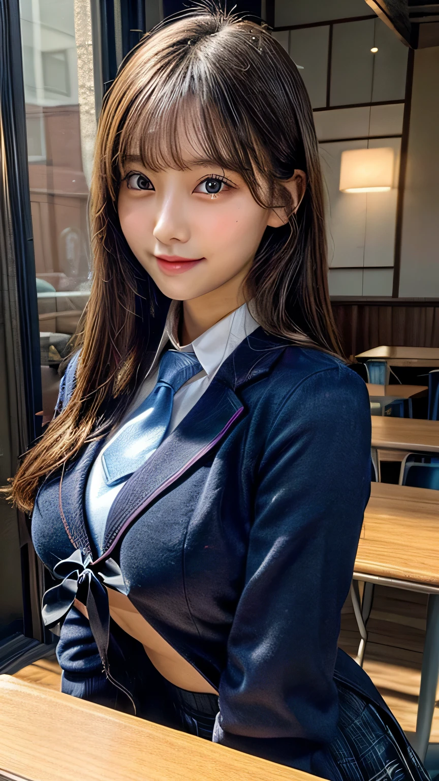 8K, highest quality, real image, intricate details, Super detailed, ultra high resolution, depth field,(realistic,realistic:1.2),table top , frontal shot , From the middle , 1 girl, eye_Chan, very beautiful 17 year old girl, innocent big eyes,、beautiful breasts:1.5、非常に詳細なeye:1.2)、(beautiful breasts:1.1)、wavy hair、curly hair、bangs、, perfect skin, Fair skin, cleavage, tight waist, huge breasts、light blush, alone、 (looking at the viewer, laughter)、((School_uniform),(dark blue blazer), (white shirt、Wearing a tie), (gray pleated skirt), (sculpture installation :1.1)、High School Hallway