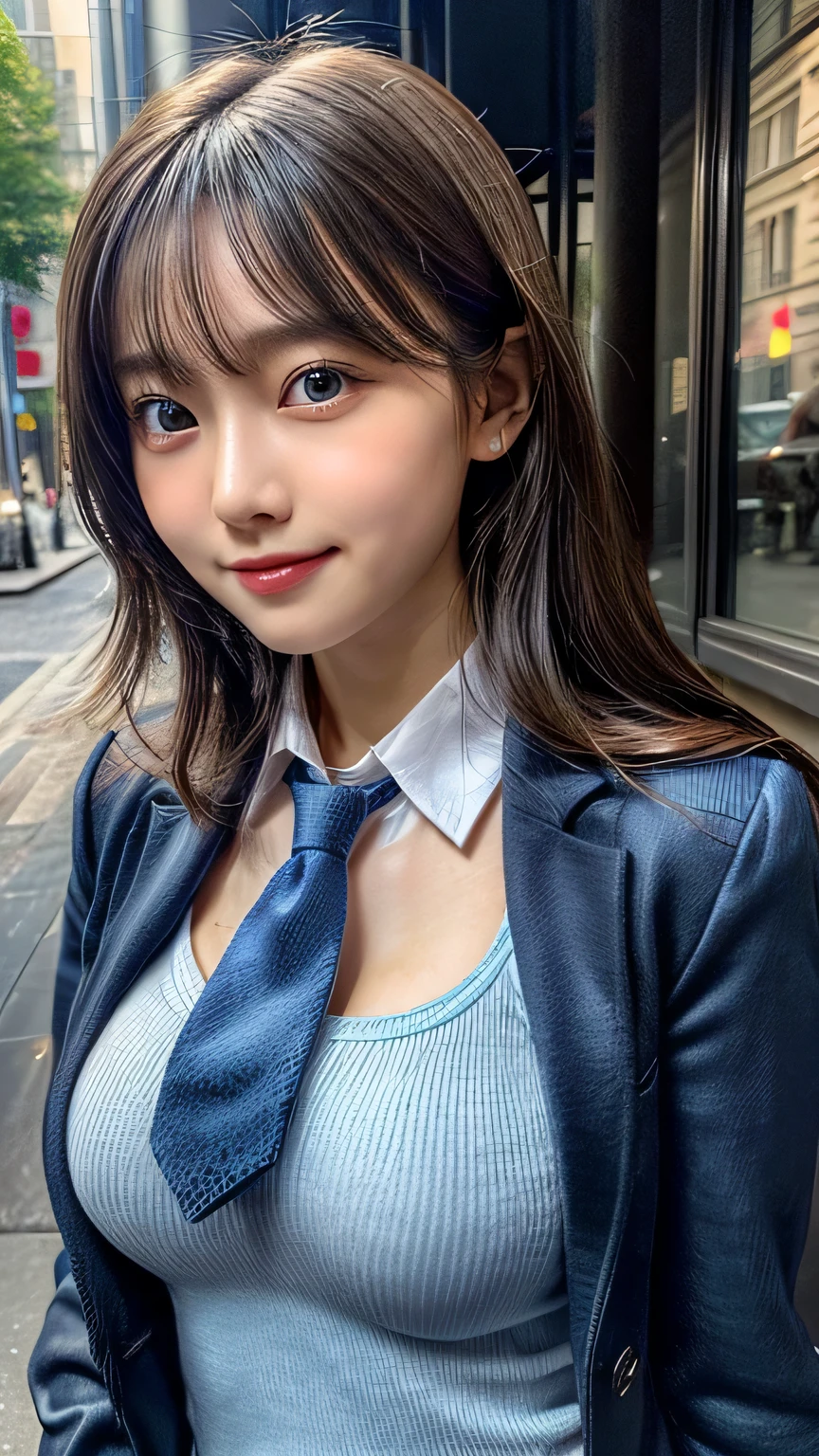 (table top:1.3, Photoreal:1.4, 8K), highest quality, masterpiece, 超A high resolution, perfect dynamic composition, Highly detailed skin and facial textures:1.3, detailed eye, Detail of limbs, 1 girl, Cute sexy 17 year old slim woman, Fair skin, ((transparency:1.1)), ((Huge breasts that are about to burst:1.0, Please don't show your areola)), (embarrassing smile:0.9, completely enchants you:0.9), (High school girl blazer uniform and blue tie:1.3), (beautiful blue eyes, For beautiful, transparent eyes:0.85), sexy face:0.4, blush:1.1, (A taste that gives you a beautiful sense of eroticism:0.85), professional camera work, Cultivate the effect of light, ((side shot)), ((Too erotic:0.9)), looking at the viewer