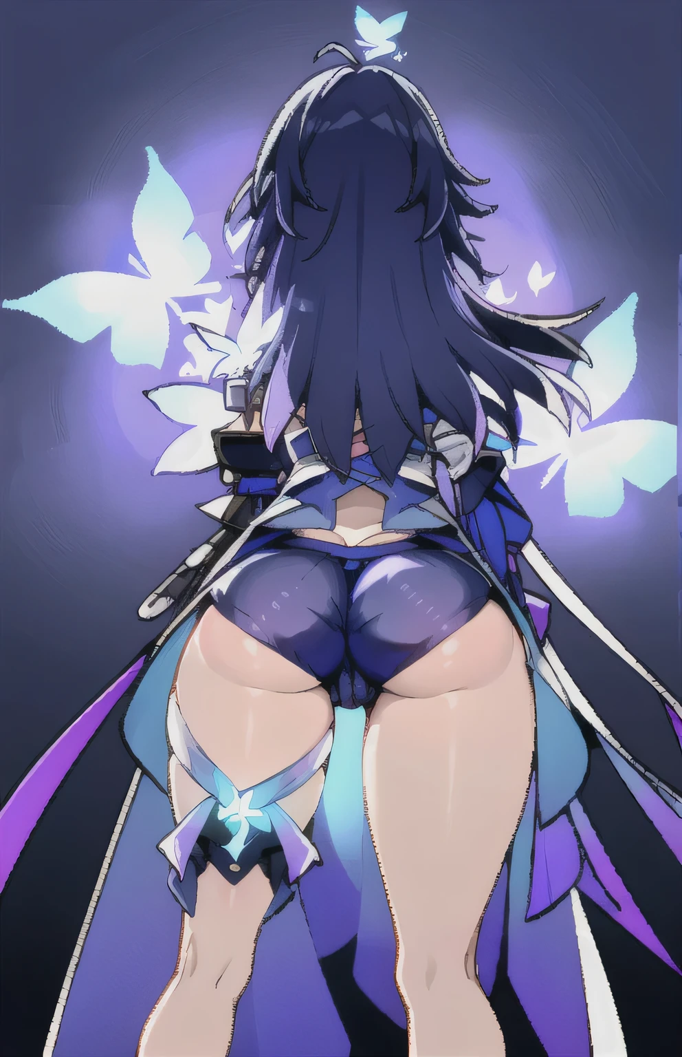 ((obra de arte)), Seele HSR, 1 garota, Sozinho, roxo_cabelo, very long cabelo, medium breasts, obra de arte, Melhor qualidade, alta qualidade, Melhor qualidade, high resolution, ((lindos olhos detalhados)), (rosto muito detalhado), olhando_no_visualizador, ao ar livre, cara de bravo, ((fechar-se, retrato)), coxas grossas, (captura de tela de anime), ((fundo escuro, roxo butterflies, blue lighting effect)) (beak cabelo), , , hot pants, sexy ass, bubble butt, big hips, big thighs, pantyline, ass pantyline, butt