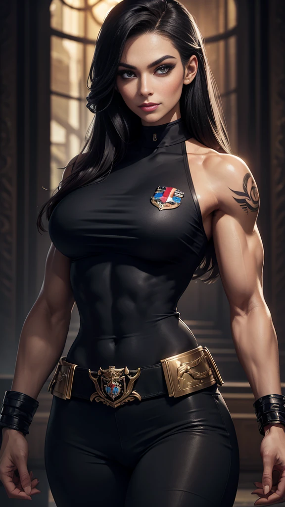 A gorgeous and stunning female soldier fighting on the battlefield, smirking sadistically, smiling sadistically, high rank, dominant, challenging demeanor, smug, teasing, tall, statuesque, imposing, towering, biceps, triceps, eight pack abs, extremely defined abs, tank top, wide shoulders, narrow hips, narrow waist, huge breasts, slim, slender, toned, long eyelashes, make up, perfect eyes, eyeliner, perfect lips, long fingers, delicate fingers, long nails, supermodel, tattoo on shoulder, (military uniform), tanned skin, official uniform, colonel, marshal, lieutenant,
