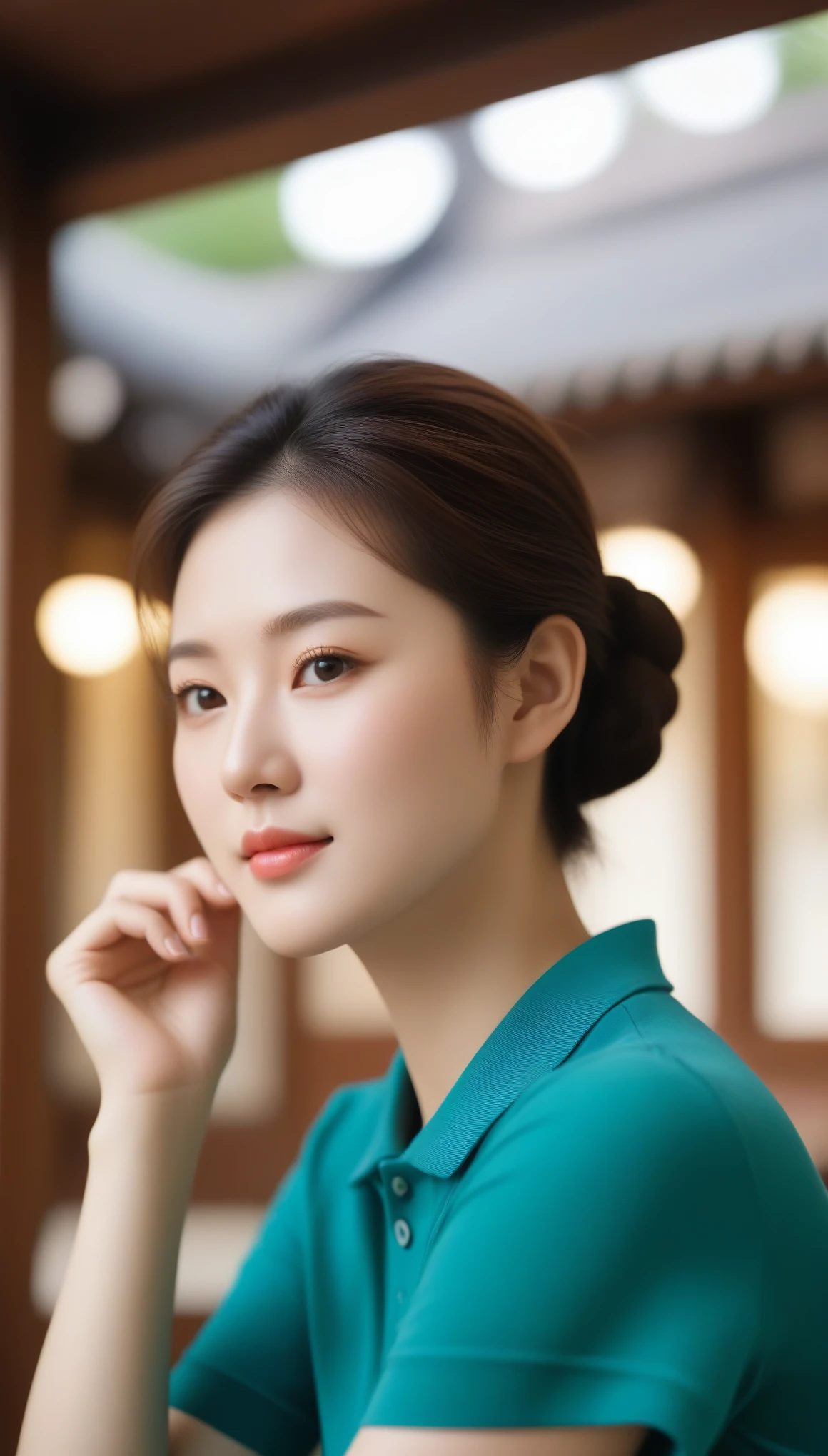 close-up, side shot of beautiful korean female, 34 inch breasts size, bun hair, wearing fitting polo shirt, slightly  smile, rest one's chin on one hand, in tea house, bokeh background, Polaroid photo, UHD