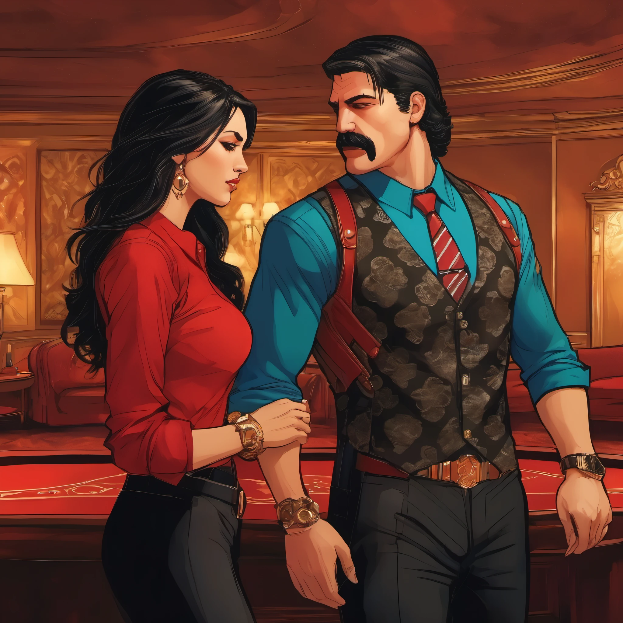 (obra maestra, Mejor calidad:1.2), 1 chico, thenahualli, serious, dangerous man, elegant, elegante, black vest, red shirt, standing, bodyguard of a long brown haired girl, bodyguard of a brunette girl with long hair, 1 girl, en hotel de lujo en Las Vegas, hotel de lujo, in a luxury hotel room in Las Vegas, at night, de noche