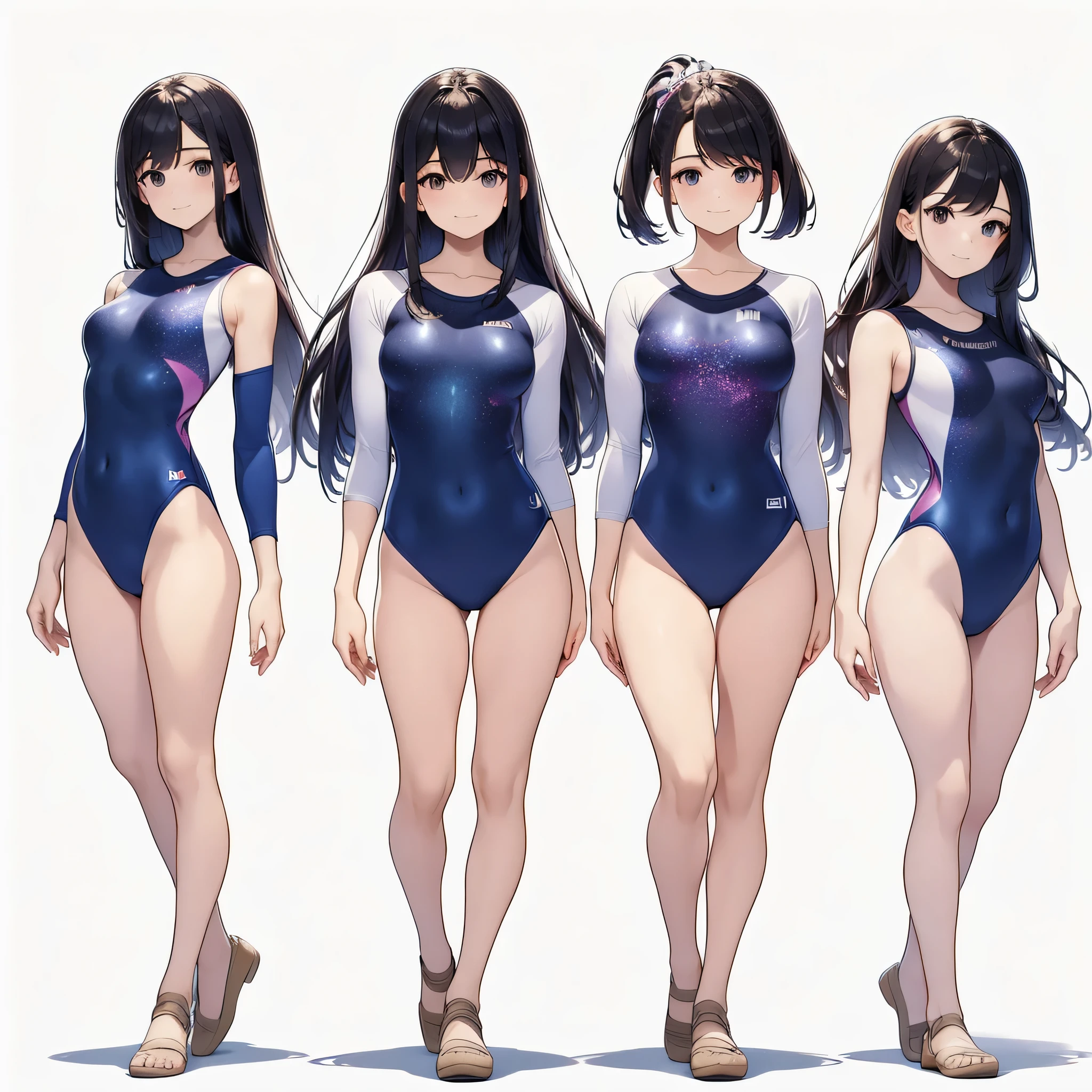 ((full body)),(masterpiece, best quality), (3 girls1.5) ,((Contrapposto:1.5)), looking at viewer, walking,((v_arms:1.2)), （wearing gymnastics_longsleeves_leotard_outfit leotard:1.3),(blue leotard) ,(galaxy print:1.3), BREAK masterpiece black hair, ((long hair:1.2)), ((parted bangs:1.3)), black eyes, good hand, ((small breasts)), (over 20 years old, under 25 years old:1.2), , spotlight, happy, smile, BREAK in the class room