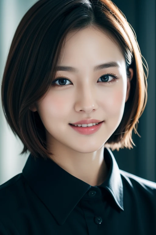 (8k, best quality, masterpiece:1.2), (realistic, photo-realistic:1.37), ultra-detailed, 1 girl,cute, facial look of korean actress kim-jiwon, solo,beautiful detailed sky,detailed office,night,sitting,(nose blush),(smile:1.15),(closed mouth) , big breasts,beautiful detailed eyes,(collared shirt:1.1), night, wet, business attire, rain, (short hair:1.2), pureerosface_v1, computer, detail finger, beautiful detailed face, top unbuttoned shirt, full body