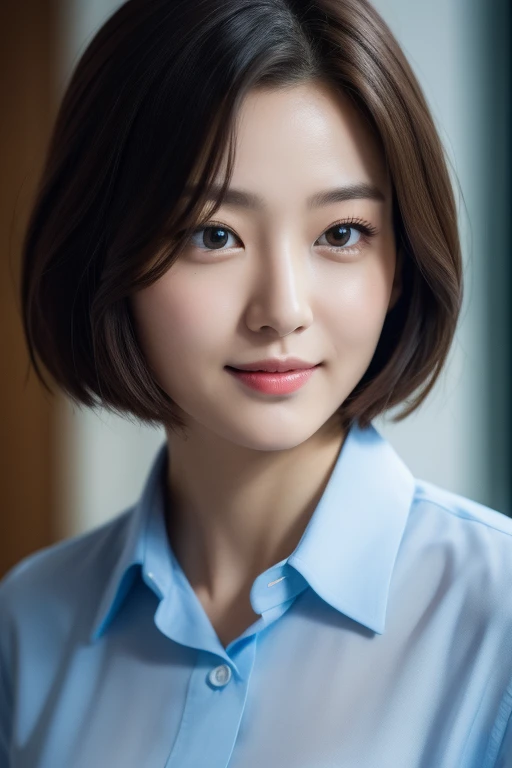 (8k, best quality, masterpiece:1.2), (realistic, photo-realistic:1.37), ultra-detailed, 1 girl,cute, facial look of korean actress kim-jiwon, solo,beautiful detailed sky,detailed office,night,sitting,(nose blush),(smile:1.15),(closed mouth) , big breasts,beautiful detailed eyes,(collared shirt:1.1), night, wet, business attire, rain, (short hair:1.2), pureerosface_v1, computer, detail finger, beautiful detailed face, top unbuttoned shirt, full body