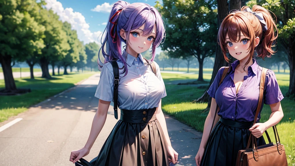 2girls, summer, village, trees, sun, clouds, ((colorful hair)), ponytail, large breasts, button down, blue eyes, ((purple shirt)), ((unbuttoned shirt)), unbuttoning buttons, popping buttons, ((short sleeved shirt)), black mini skirt, brown shoes, grin, looking at the viewer, standing, hair ribbon, cleavage, golden necklate