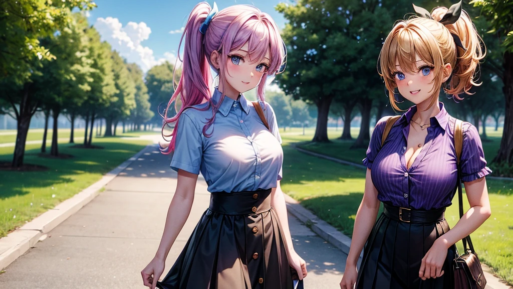 2girls, summer, village, trees, sun, clouds, ((colorful hair)), ponytail, large breasts, button down, blue eyes, ((purple shirt)), ((unbuttoned shirt)), unbuttoning buttons, popping buttons, ((short sleeved shirt)), black mini skirt, brown shoes, grin, looking at the viewer, standing, hair ribbon, cleavage, golden necklate